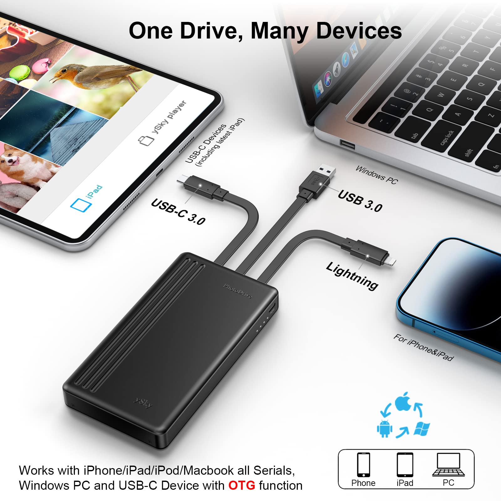 Ysky Mfi Certified 1Tb Portable External Hard Drive For Iphone Ipad Macbook Windows Computer Usb C Android Phones To Backup,1Tb