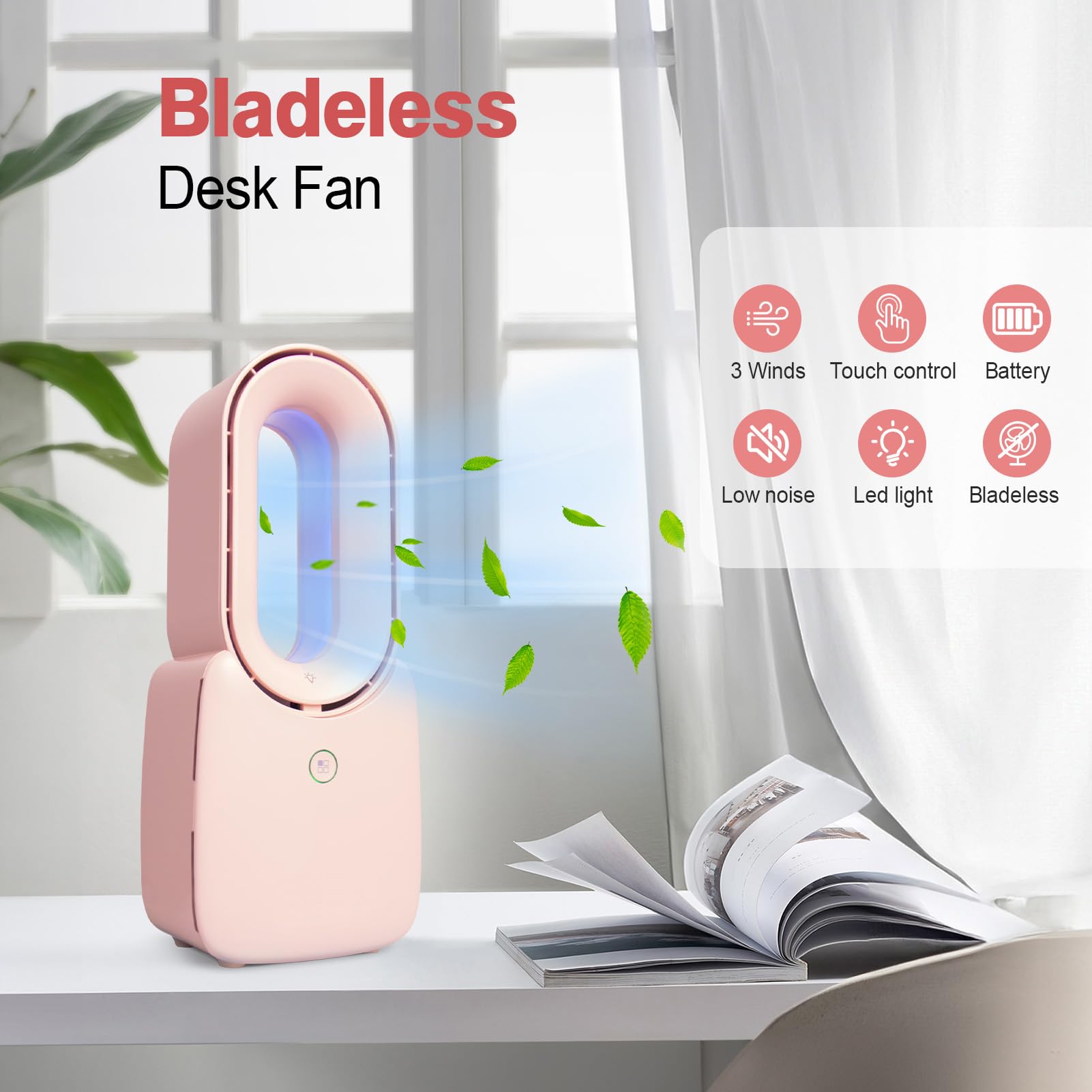 Conbola Desk Fan, 11.8 Inch Bladeless Fan Small Table Fan Air Cooler, Portable Rechargeable Breeze Quiet Fan With Touch Control