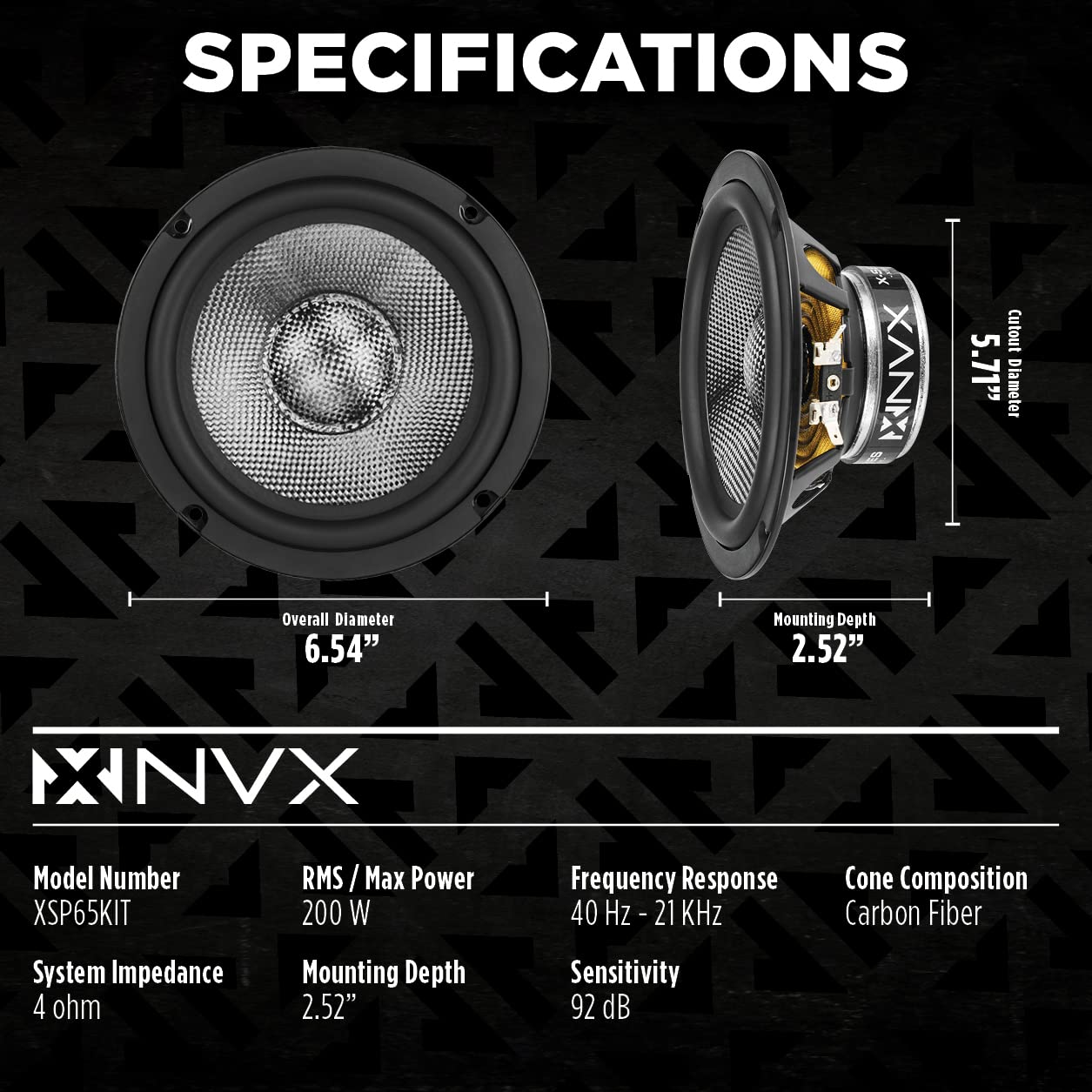 Nvx Xsp65Kit 6.5 Car Speakers, 600W Max, 200W Rms, 2-Way 6-1/2 Inch Component System W/ 1 Silk Dome Tweeters & Passive X-Overs,