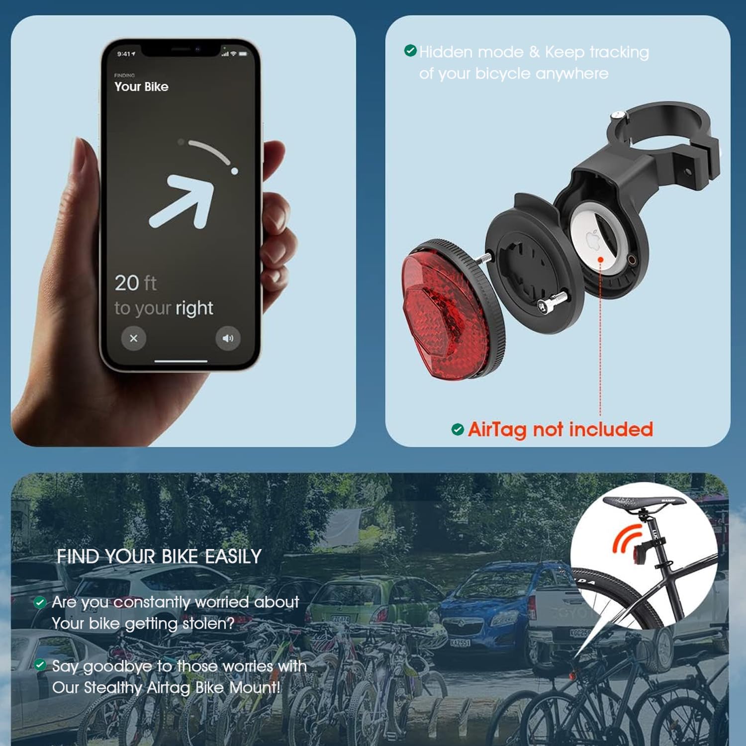 FASTAND Bike Airtag Holder - Concealed GPS Tracker Mount, Anti-Theft, Aluminum & Plastic, Black, Model FS075