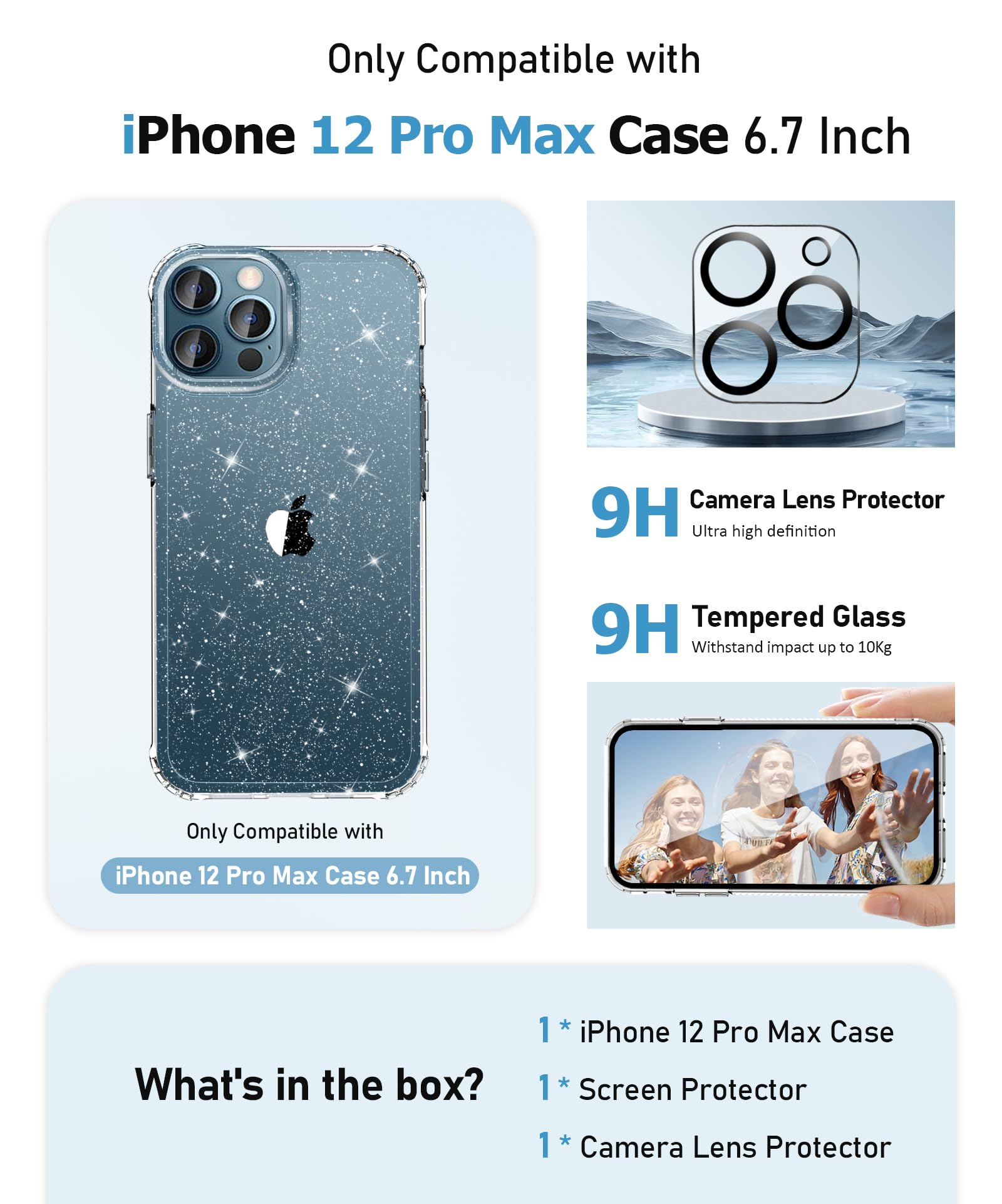Mtvoox For Iphone 12 Pro Max Case With Screen Protector + Camera Lens Protector, [Non Yellowing] Clear Glitter Phone Case, Shock
