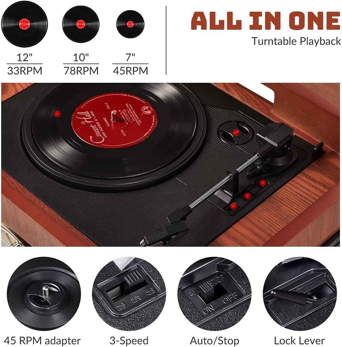 Orcc 10 In 1 Record Player, Nostalgic Turntable For Vinyl Record With Bluetooth, 2 Built In Speakers, Cd, Cassette, Am/Fm Radio,