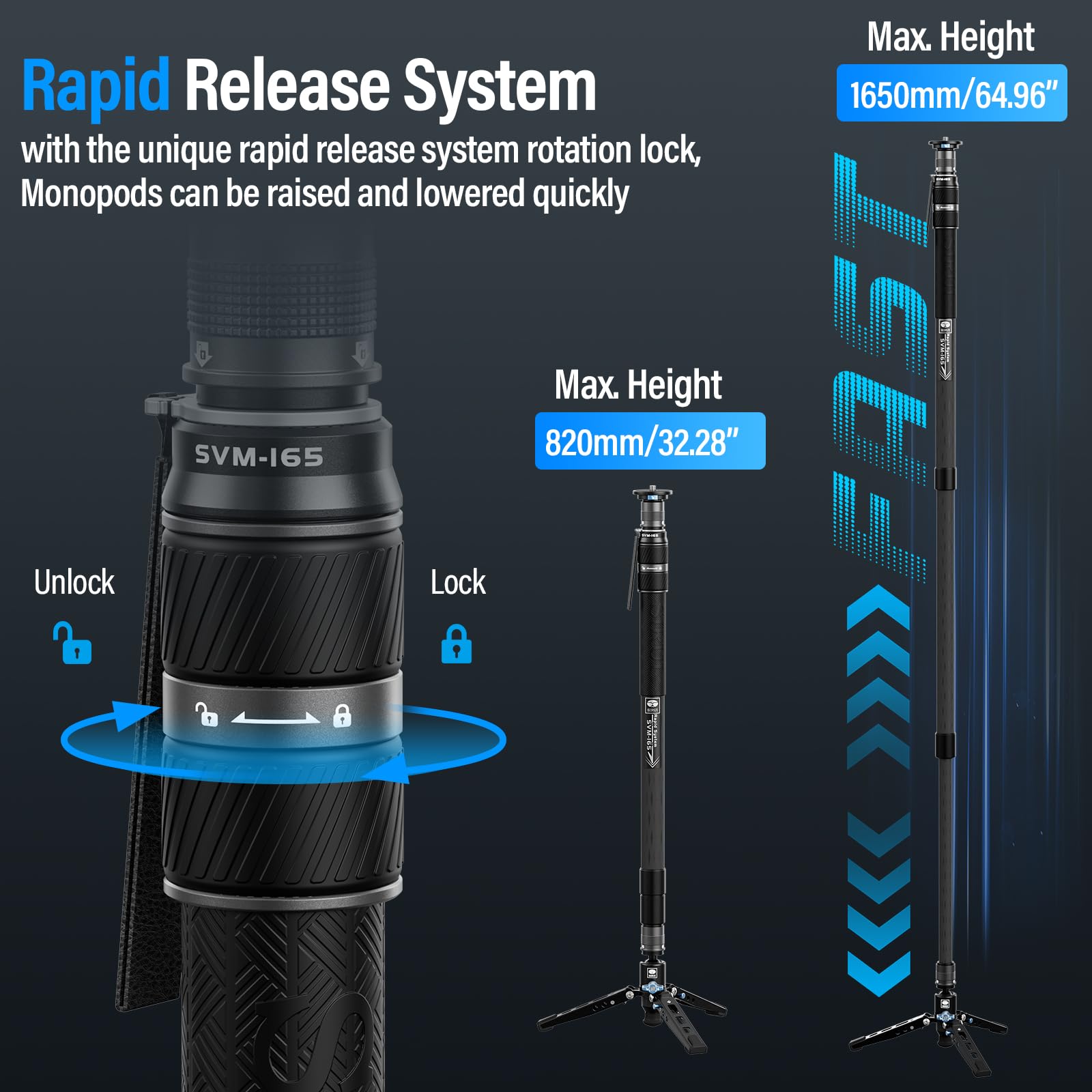 Sirui Svm 165 Rapid Monopod For Cameras, 65    Carbon Fiber Monopod With Feet, One Step Rapid Height Adjustment, Lightweight Tra