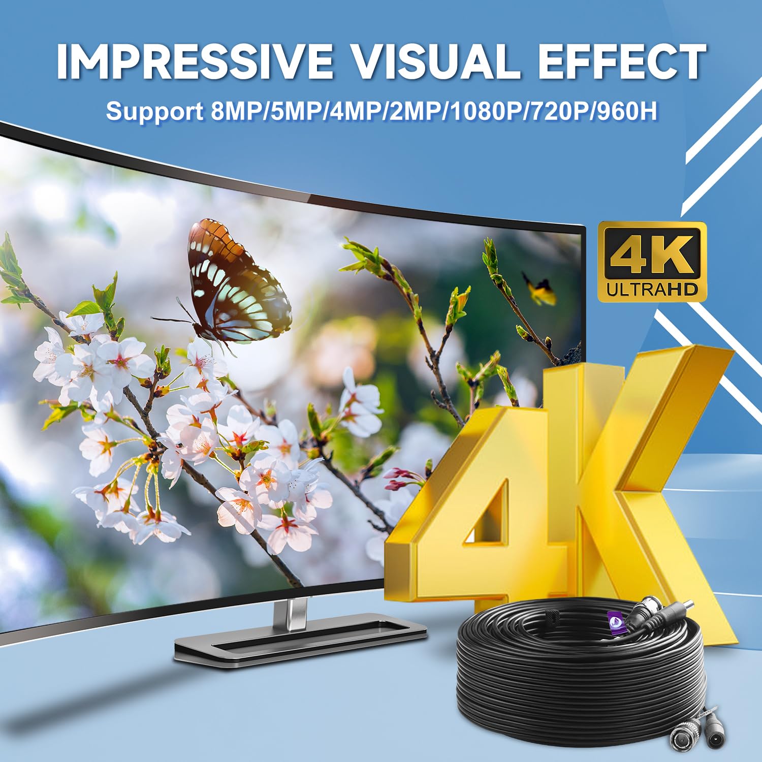 Anlink 4 Pack 100Ft/30M 4K 8Mp 5Mp All In One Bnc Video Power Cable, Bnc Extension Surveillance Camera Wires For Cctv Camera Dvr Systems (8Pcs Bnc Connectors, 100Pcs Cable Clips Included)