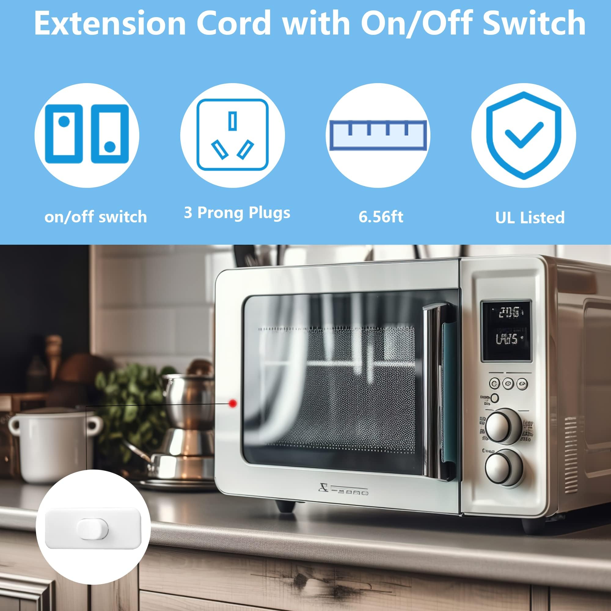 Long Extension Cord With Switch On/Off 3 Prong Grounded Plug Indoor Power Cord 6.56 Ft Insulated & Flame Retardant, Indoor Use,
