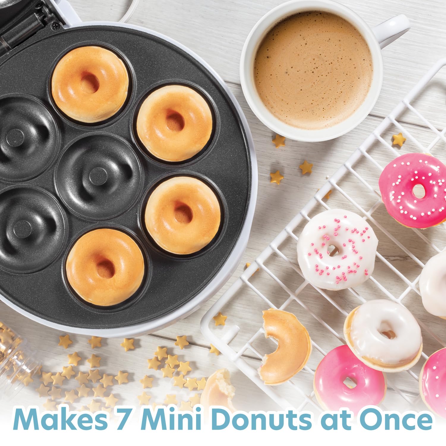 Mini Donut Maker   Electric Non Stick Surface Makes 7 Small Doughnuts  Decorate, Frost Or Ice Your Own For Kid Friendly Baked De