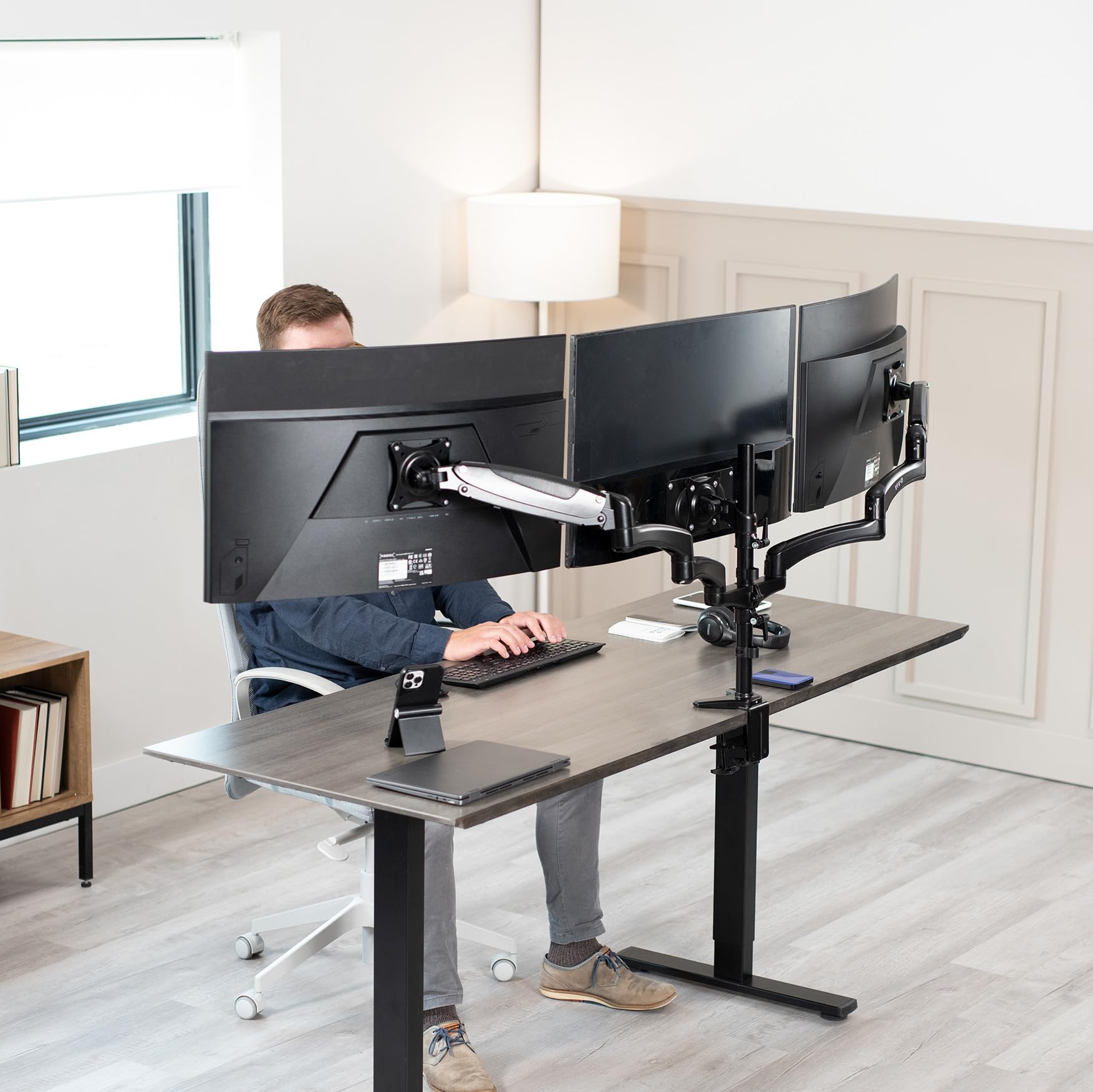 Vivo 17 To 32 Inch Triple Pneumatic Monitor Mount, 2 Pneumatic Arms, 1 Fixed, Adjustable Swivel, Rotation, Heavy Duty Vesa Desk