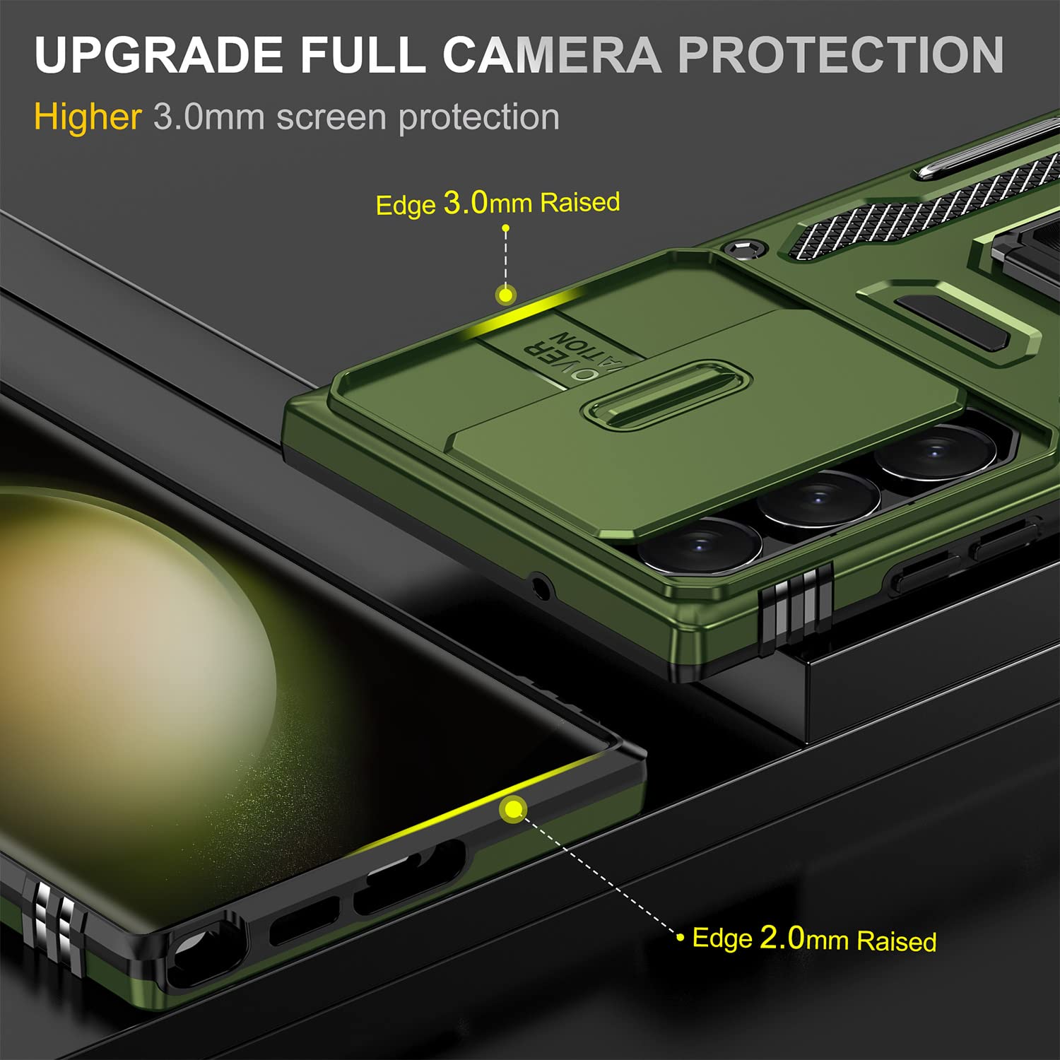 SEFING Phone Case Samsung Galaxy S23 Ultra with Camera Lens Cover Ring Kickstand TPU Olive Green