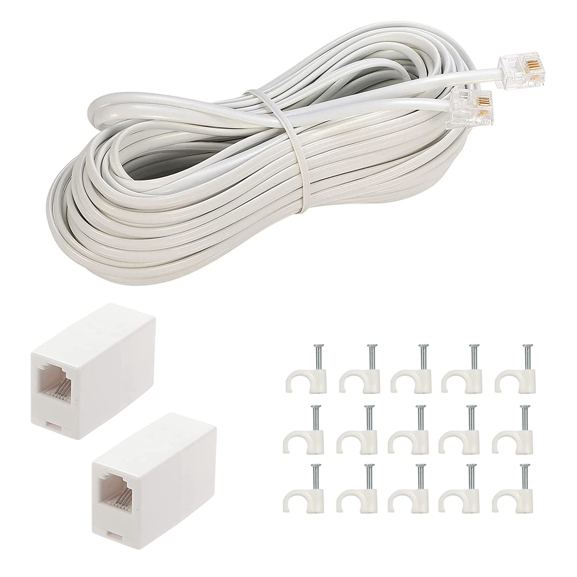 Lansensu Telephone Landline Extension Cord Cable Cord With Standard Rj 11 6P4C Plug (33Ft White, White)