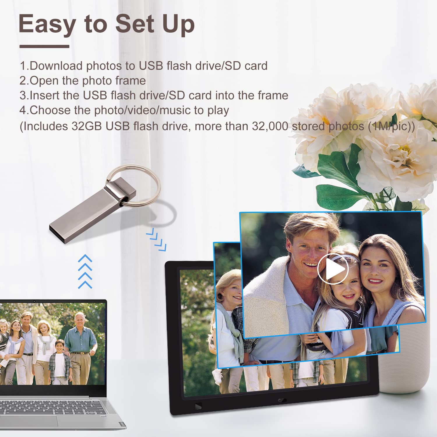 10.1 Inch Digital Picture Frame With 32Gb Usb Flash Drive, Kecag 1920X1080 Hd Ips Screen Digital Photo Frame, Motion Sensor, Video, Music, Share Moments Via Sd Card Or Usb, With Remote Control