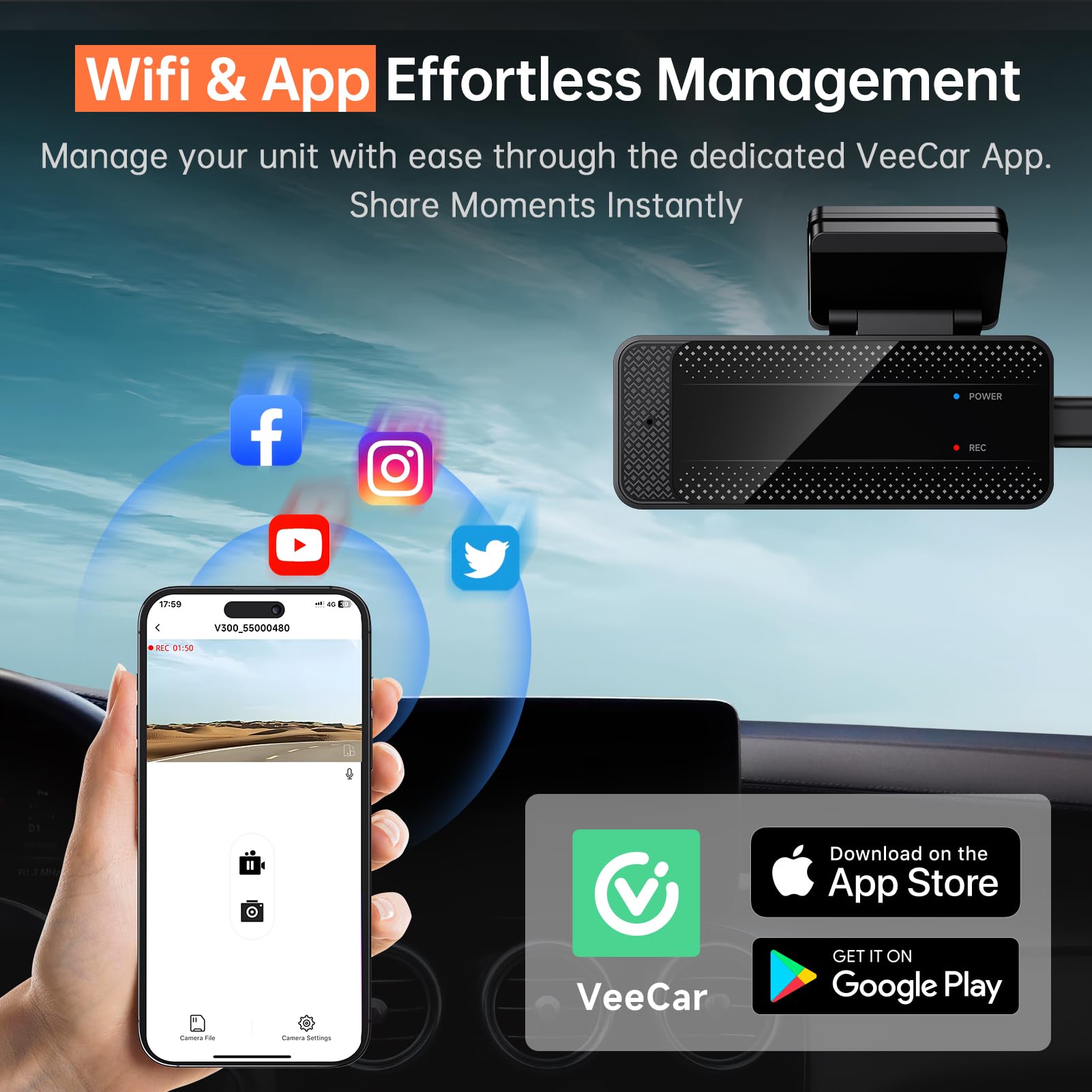 Dash Cam, 1296P Front Dashcam, Veement V300 Wifi Dash Camera For Cars With App, Night Vision, Mini Hidden Single Car Camera, Loo