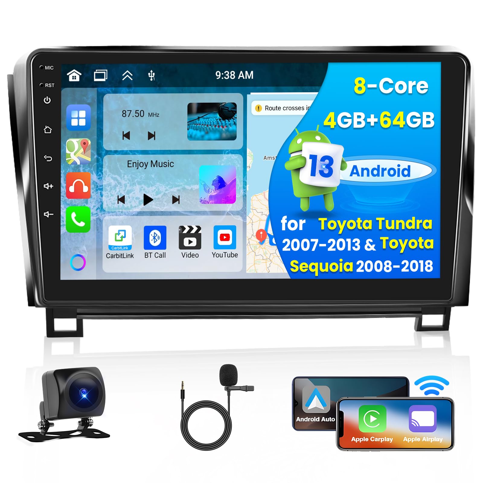 10.1 Inch Android 13 Car Stereo for Toyota Tundra 2007-2013 & Toyota Sequoia 2008-2018, 8 Core+4GRAM + 64GROM, 1280x720 Touchscr