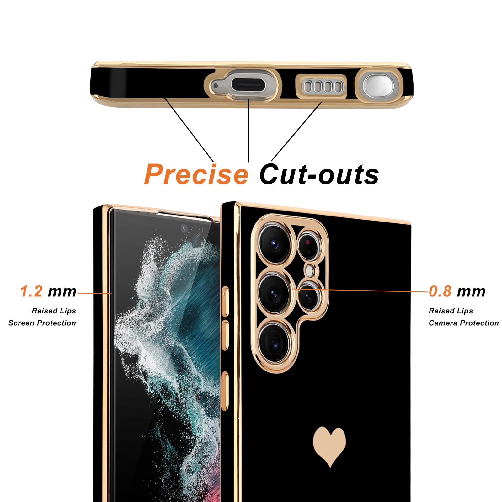 Teageo Galaxy S22 Ultra 5G Case   Cute Love Heart, Luxury Bling, Soft Silicone Bumper, Camera Protection, Black