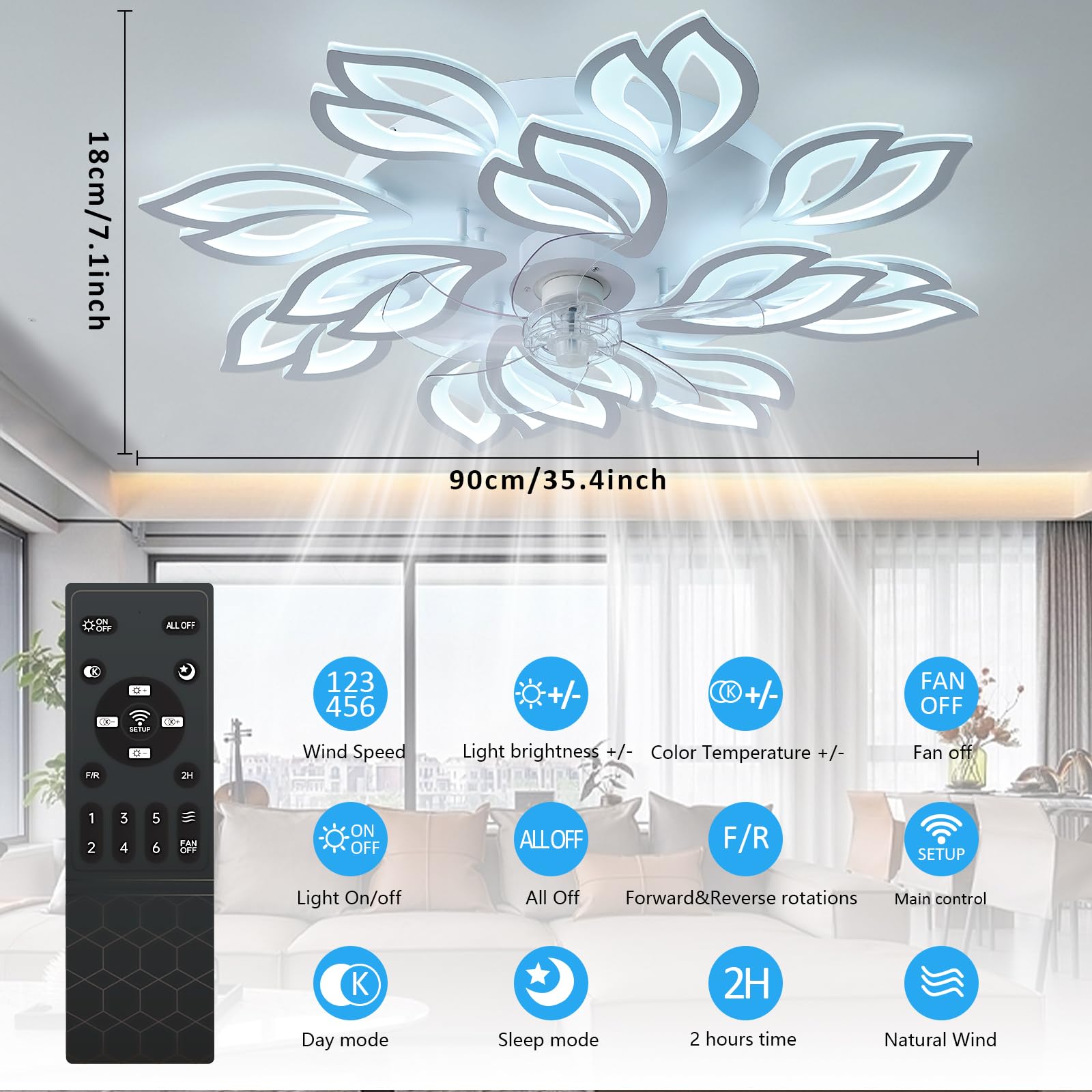 35''Ceiling Fans With Lights, Modern Ceiling Fan With Lights And Remote, Dimmable Bladeless Ceiling Fans Light, Low Profile Ceil