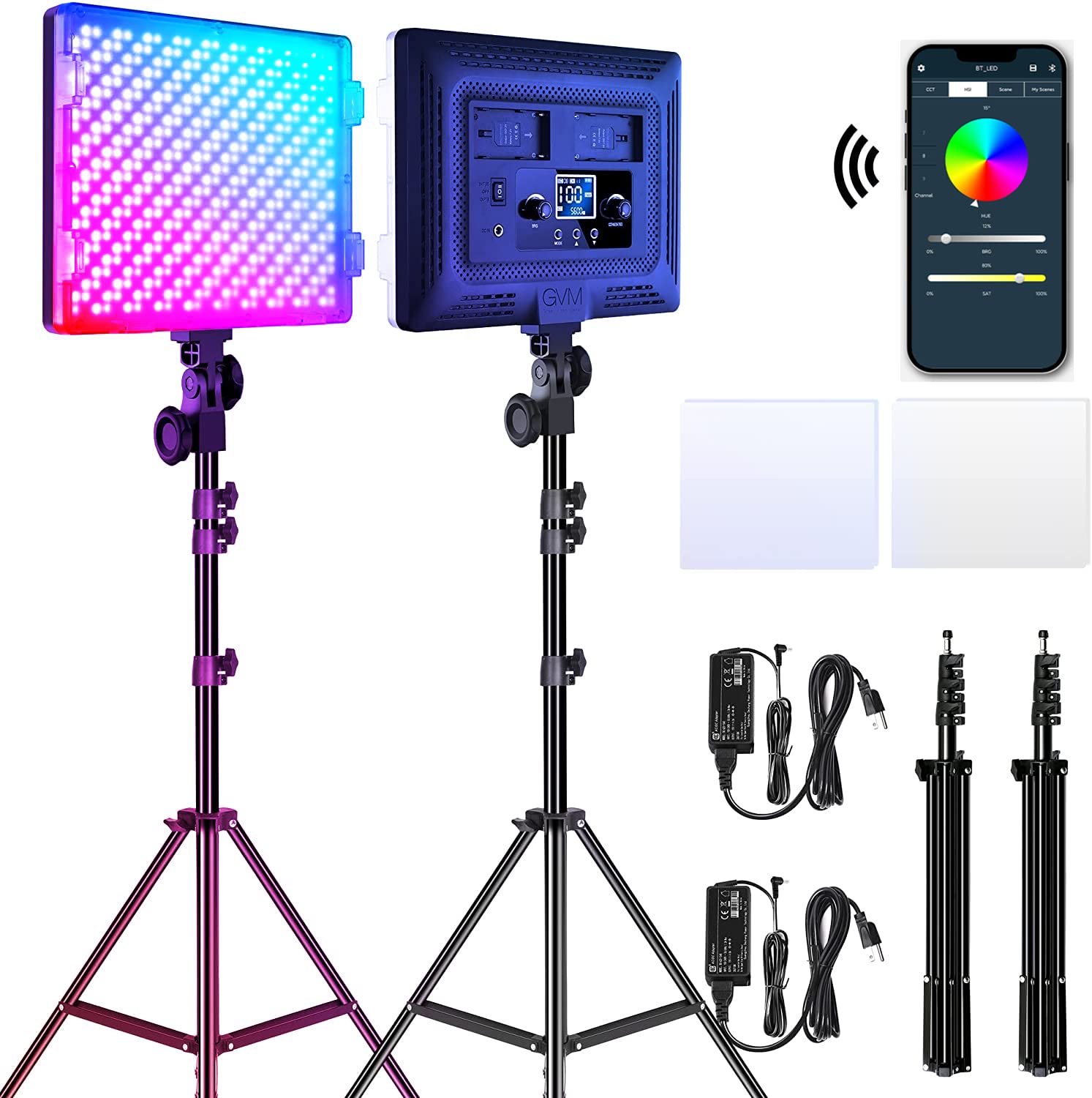 Gvm Rgb Led Video Lights Photography Lighting Kit, 50W Bi Color 3200K 5600K Studio Lights, 2 Packs 672 Led Beads App Control Fil