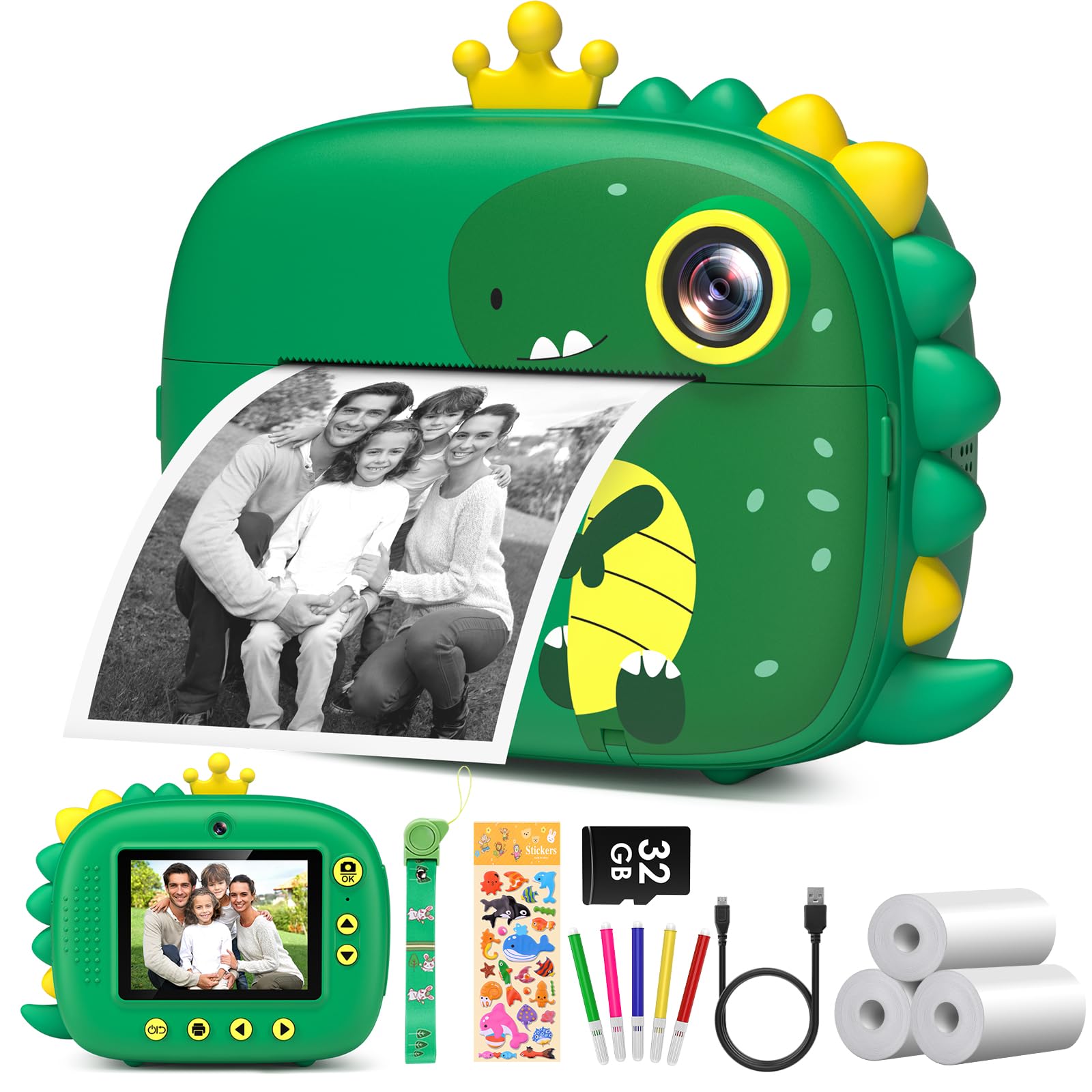 Kids Camera Instant Print,Dinosaurs Instant Print Camera For Kids,Birthday Gifts For Boys,2.4 Inch/1080P With 32Gb Card,Christam