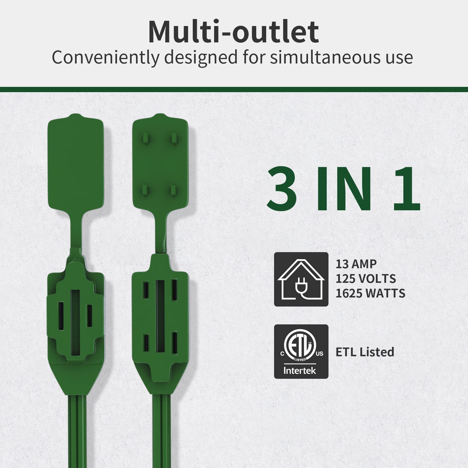 Plugtul 3 Pack Indoor Extension Cord (6/9/12Ft), 2 Prong Green Extension Cord, 3 Polarized Outlets With Safety Cap Protect For H