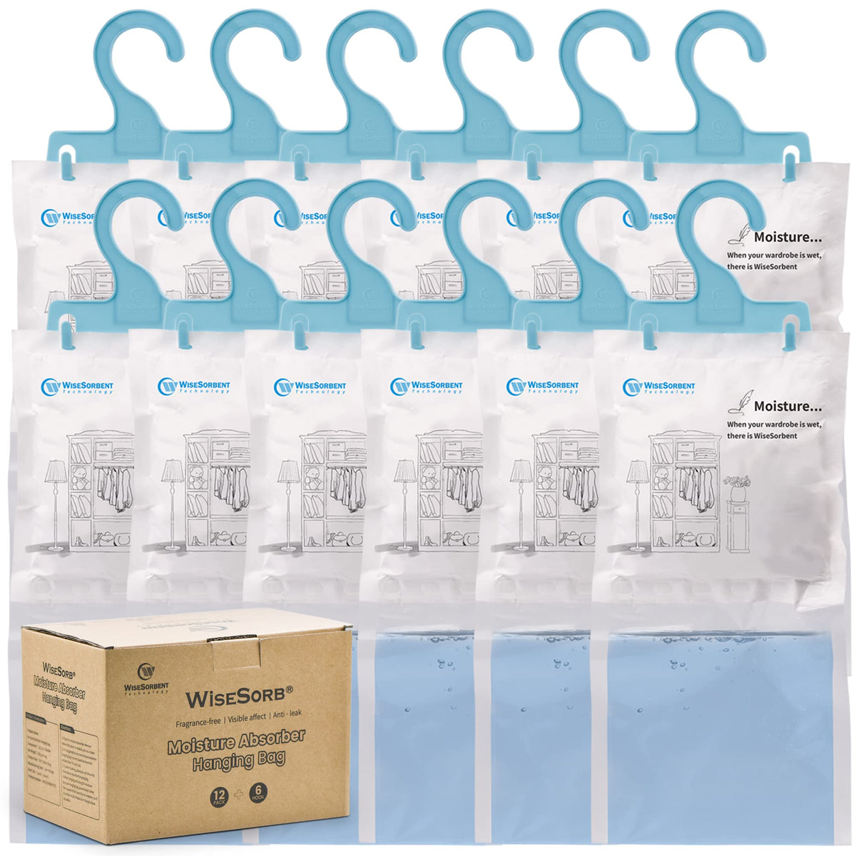 Wisesorb 12 Pack (7 Oz. Ea.) Moisture Absorber Refill Hanging Bags, Moisture Absorber Packets With Reusable 6Pcs Hooks, Humidity