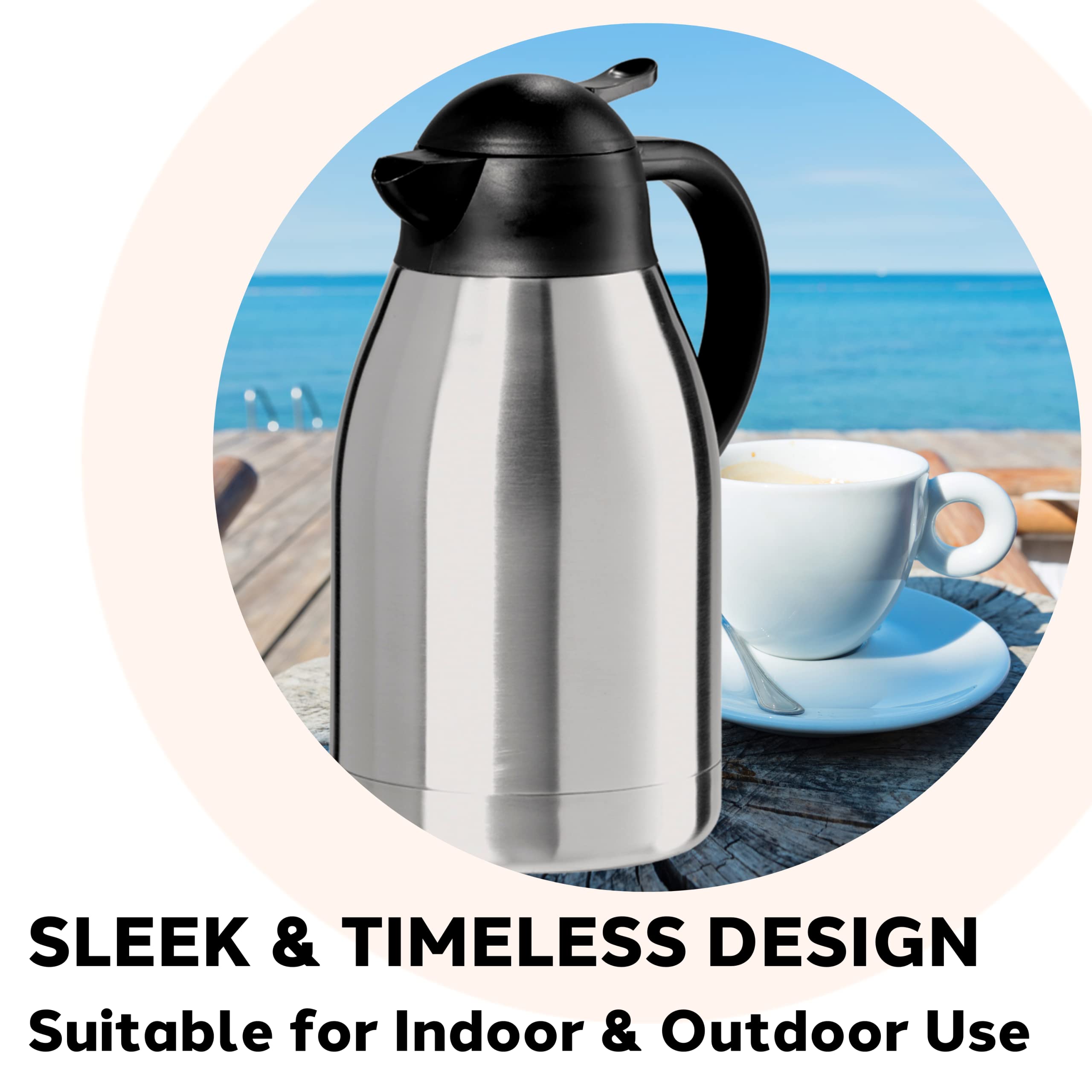 Oggi Catalina 68Oz Stainless Steel Thermal Coffee Carafe  Double Walled Vacuum Container W/Press Button Top, Insulated Coffee Carafe, Thermos Carafe, Coffee Urn, Hot Beverage Dispenser, 2 Liters