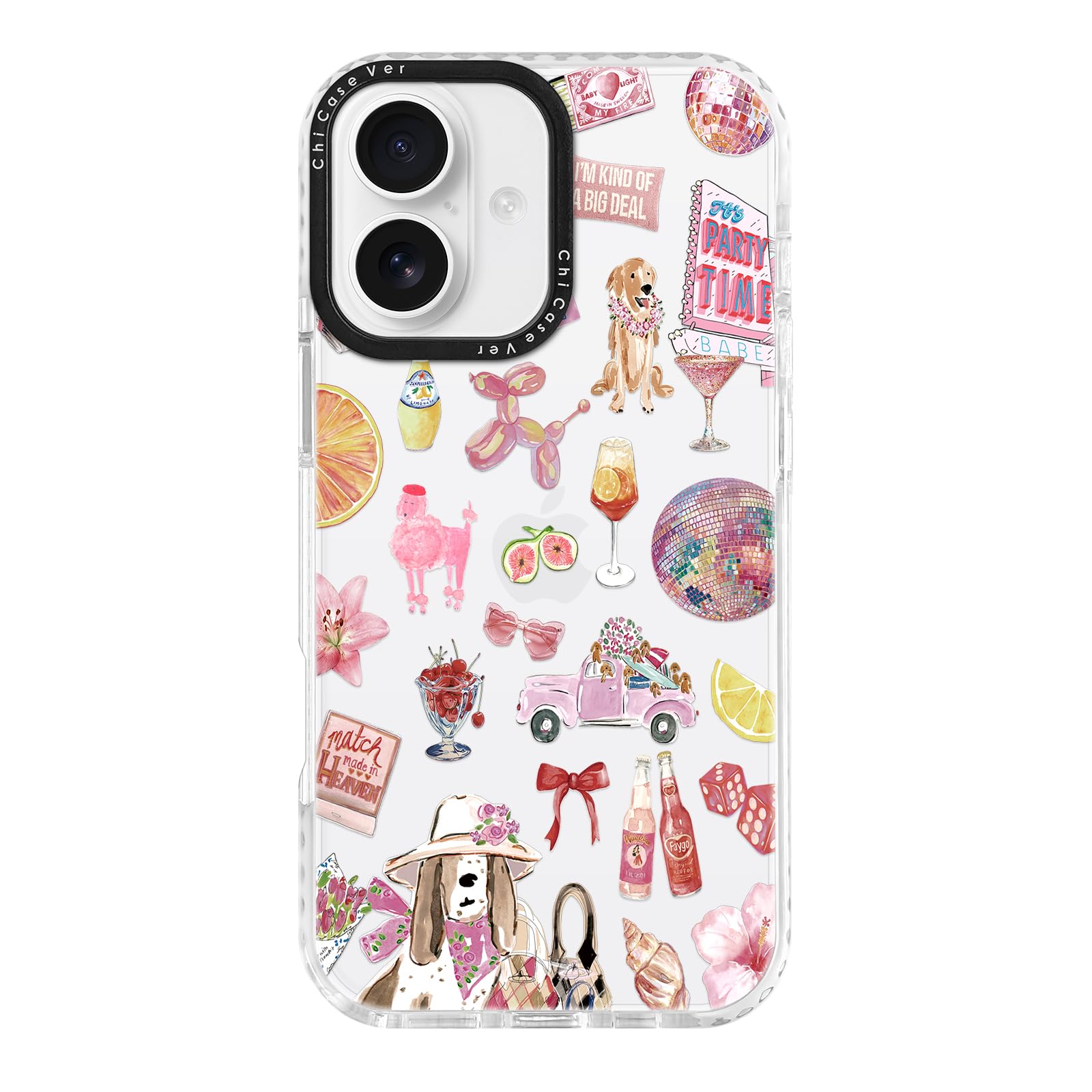 ChiCaseVer for iPhone 16 Plus Case, Party Time Collage Pattern with Girly Pink Cocktails, Military-Grade Drop Protection, Girly 