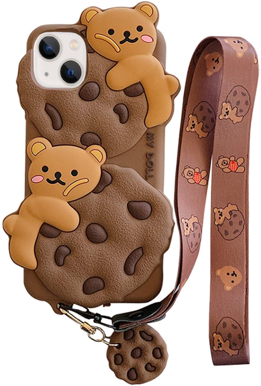 Yatchen For Iphone 13 Pro Case Cookie Bear Kawaii Phone Cases,Cute Iphone 13 Pro Case With Strap Lanyard Keychain 3D Cartoon Bea