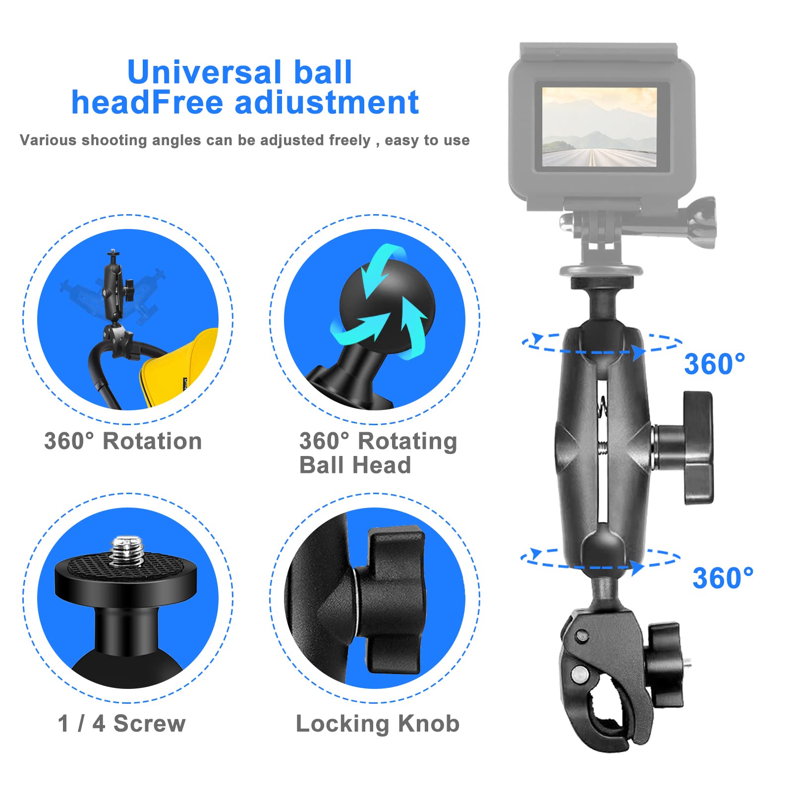 Handlebar Clamp Motorbike Mount For Insta360 Ace Pro One X4 X3, X2, X, R, Rs, Go 3, Gopro Hero, With Double Ball Head Super Clam