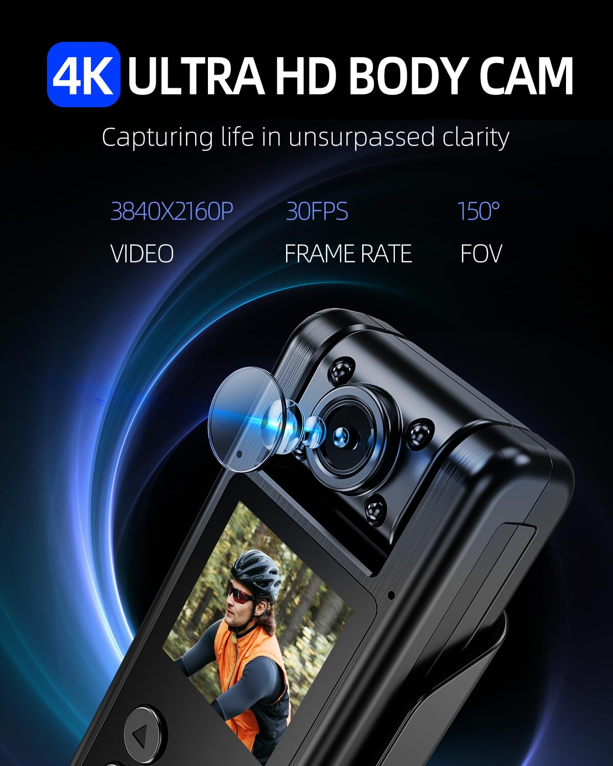 Vidcastive 4K Wifi Body Camera With 64G Memory Card, Portable Body Worn Cam With 180 Rotatable Lens, Night Vision, 2000Mah Batte