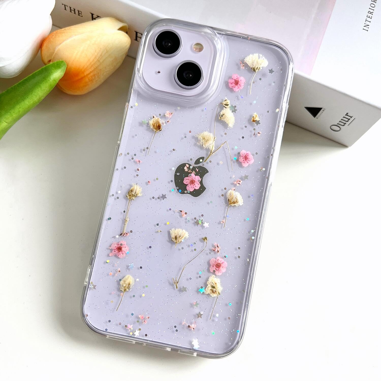 Lseeka For Iphone 13 Mini/Iphone 12 Mini Clear Case With Pressed Real Flowers Design,Glitter Cute Pink Floral Pattern Slim Soft