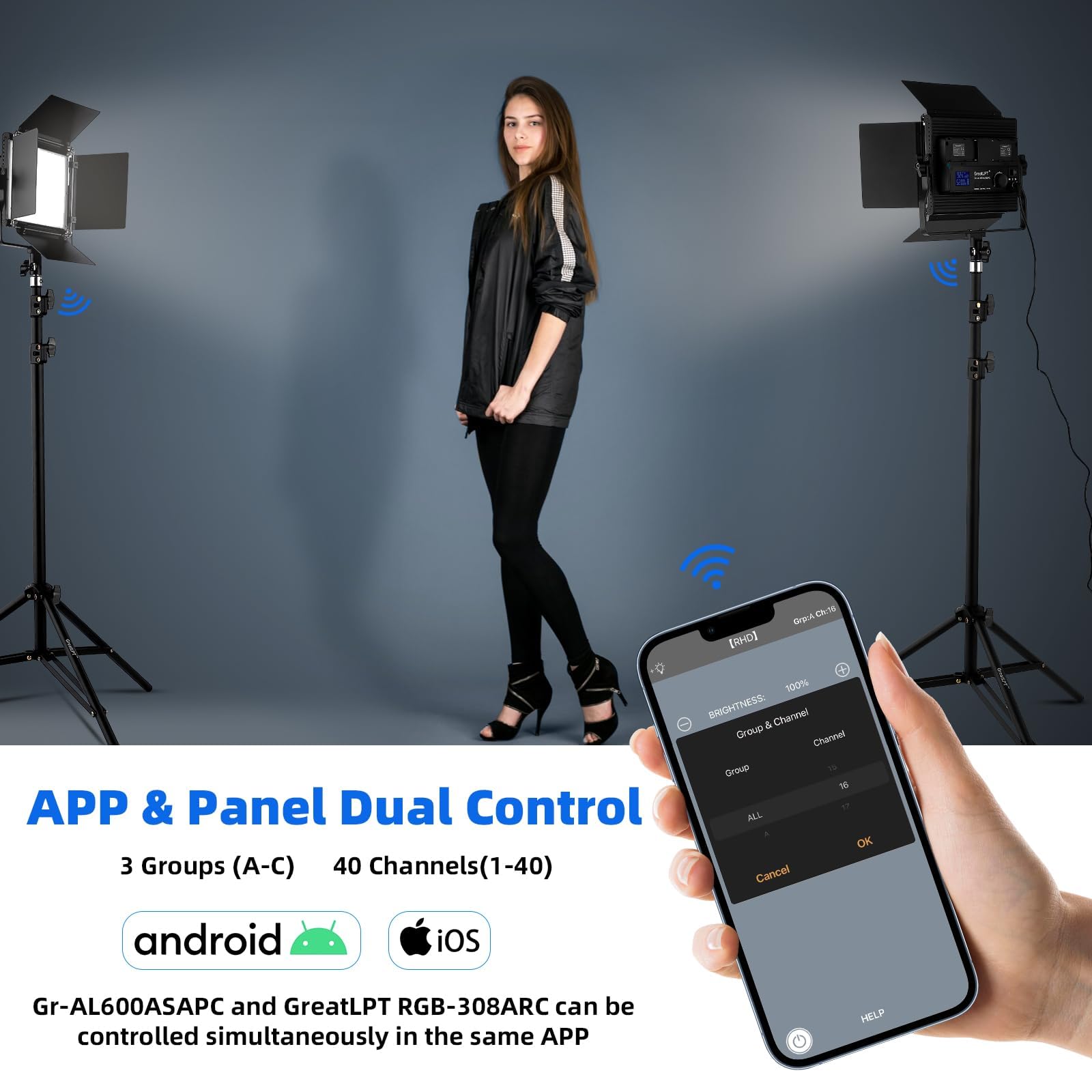 Greatlpt 50W 600 Led Photography Lighting With App Control & Stand Kit, 3200K 5600K Dimmable Cri 96+ Tlci 97+ Cqs 96+, 1800 Lux/