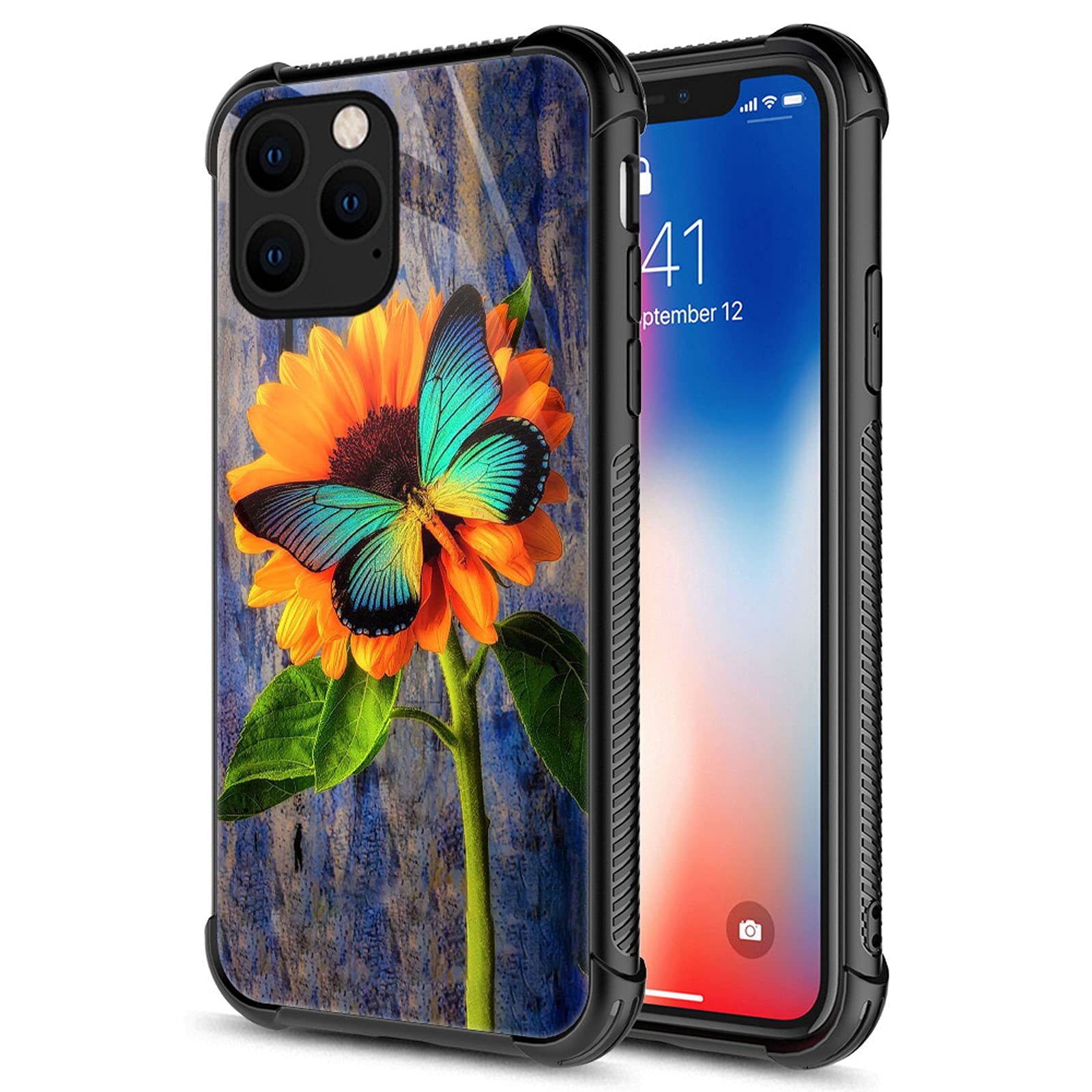 Carloca Compatible With Iphone 13 Case,Sunflower Color Butterfly Graphic Design Shockproof Anti Scratch Drop Protection Case For