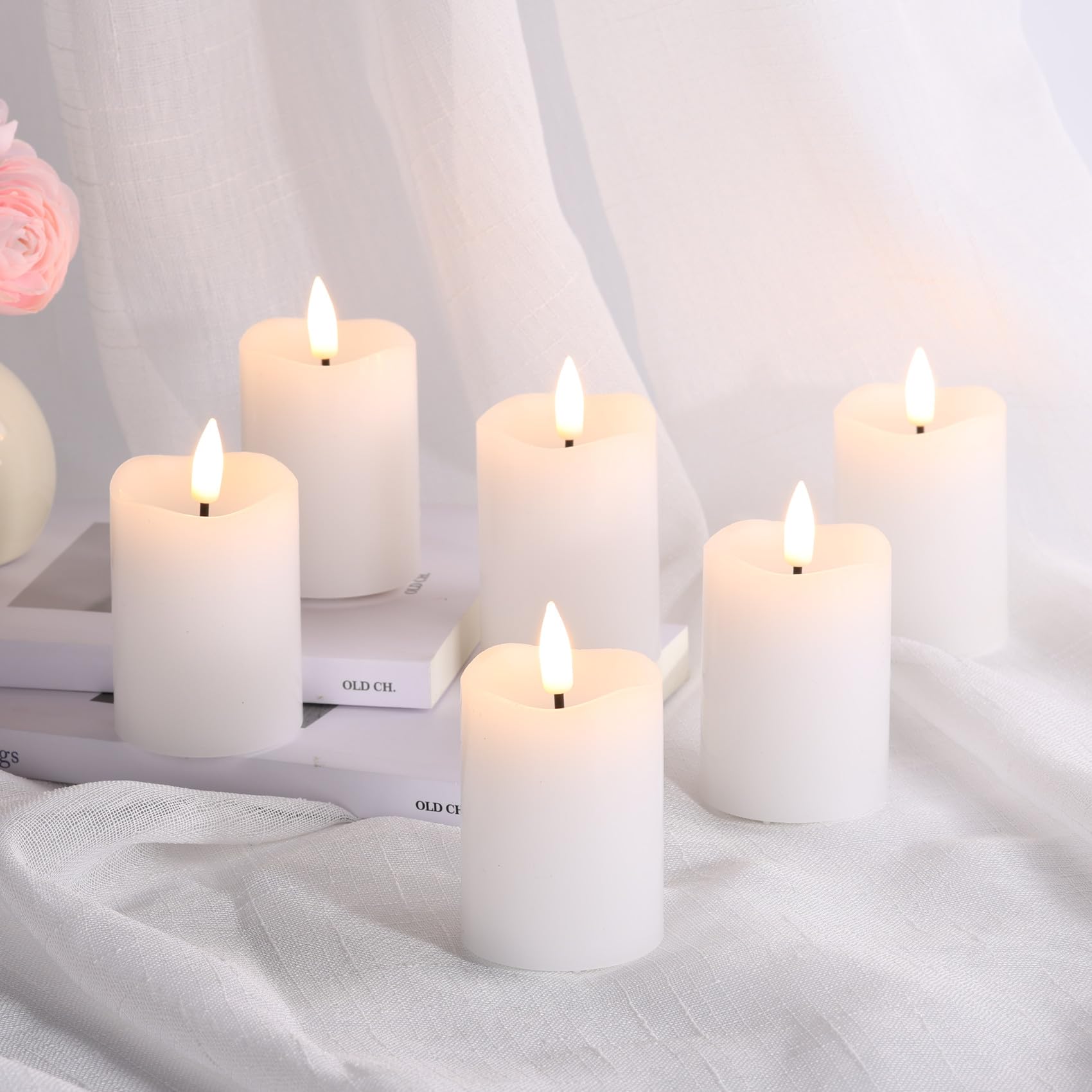 Eywamage White Flameless Votive Candles With Remote Batteries, 2X3 Inch Flickering Small Led Wax Pillar Candles 6 Pack