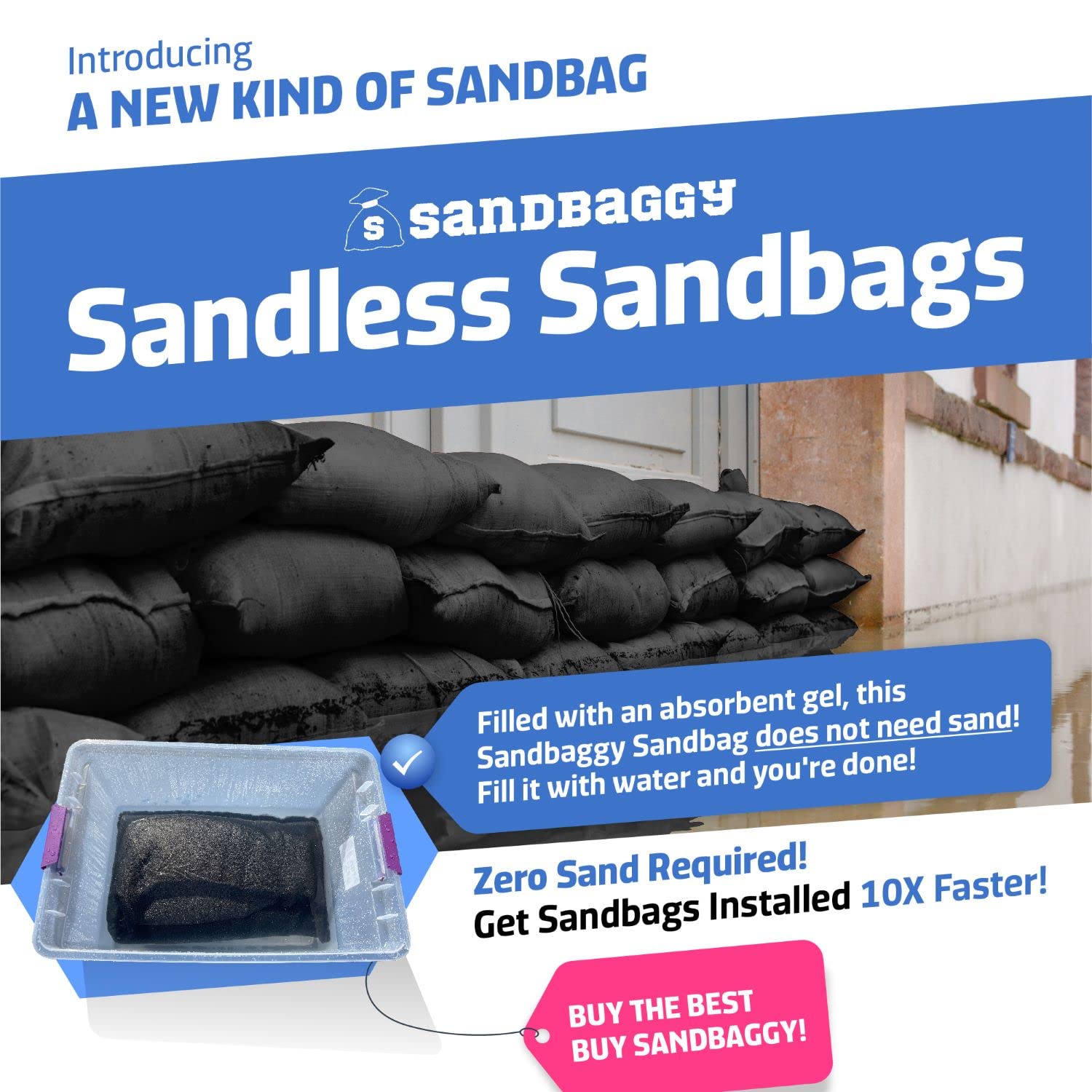 Sandbaggy 14'' X 26'' Water Activated Sandless Sandbags   Flood Barriers, Erosion Control (Black)   Made In The Usa (2 Sandbags)
