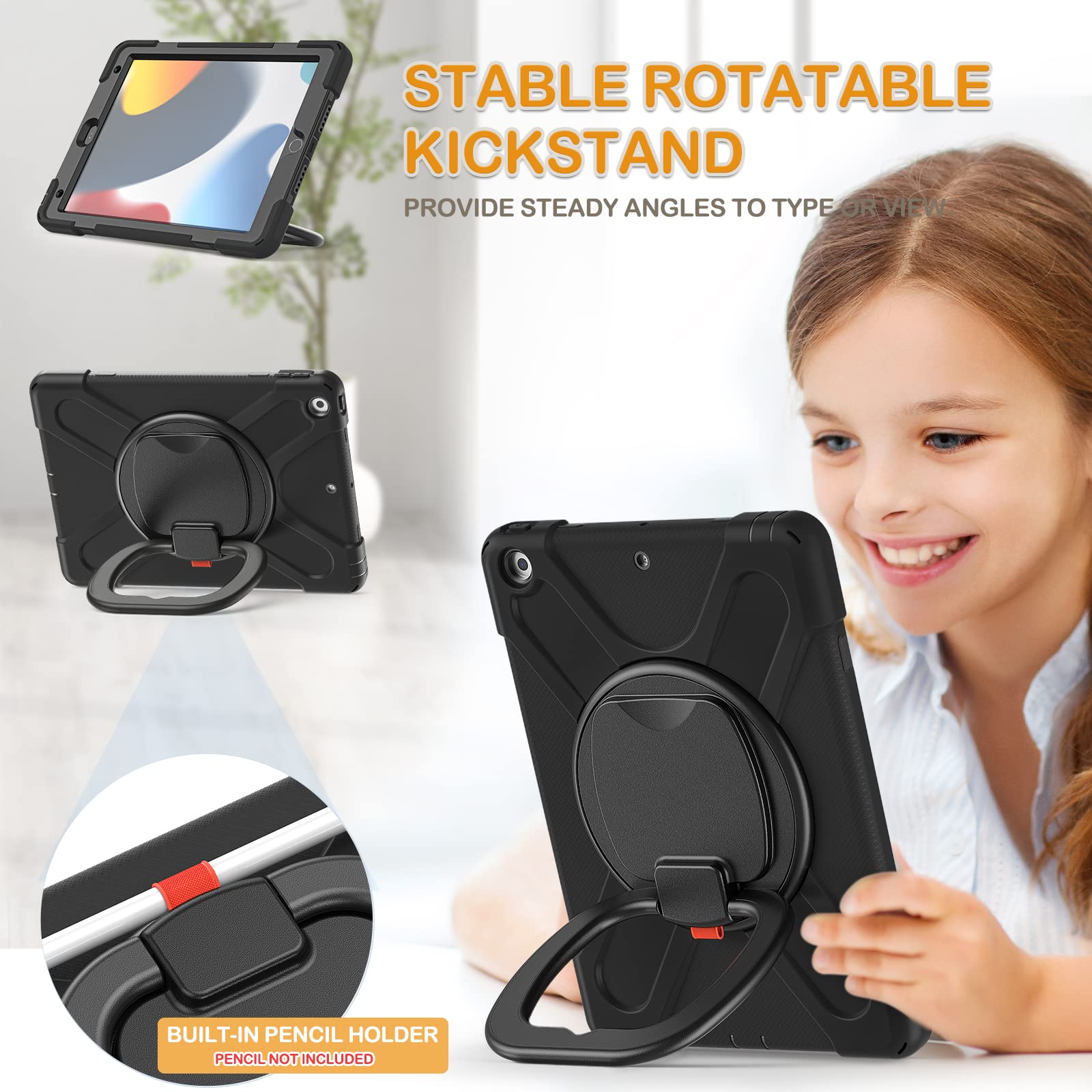 Braecn Case For Ipad 9Th Generation 2021 10.2 Inch Hybrid Rugged Shockproof Silicone Cover With Kickstand, Pencil Holder, Handle