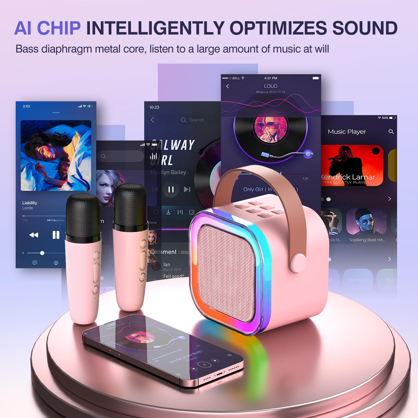 TAEMVV Mini Karaoke Machine for Kids, Portable Wireless Speaker with LED Lights, 2 Microphones, K12 Size, Pink