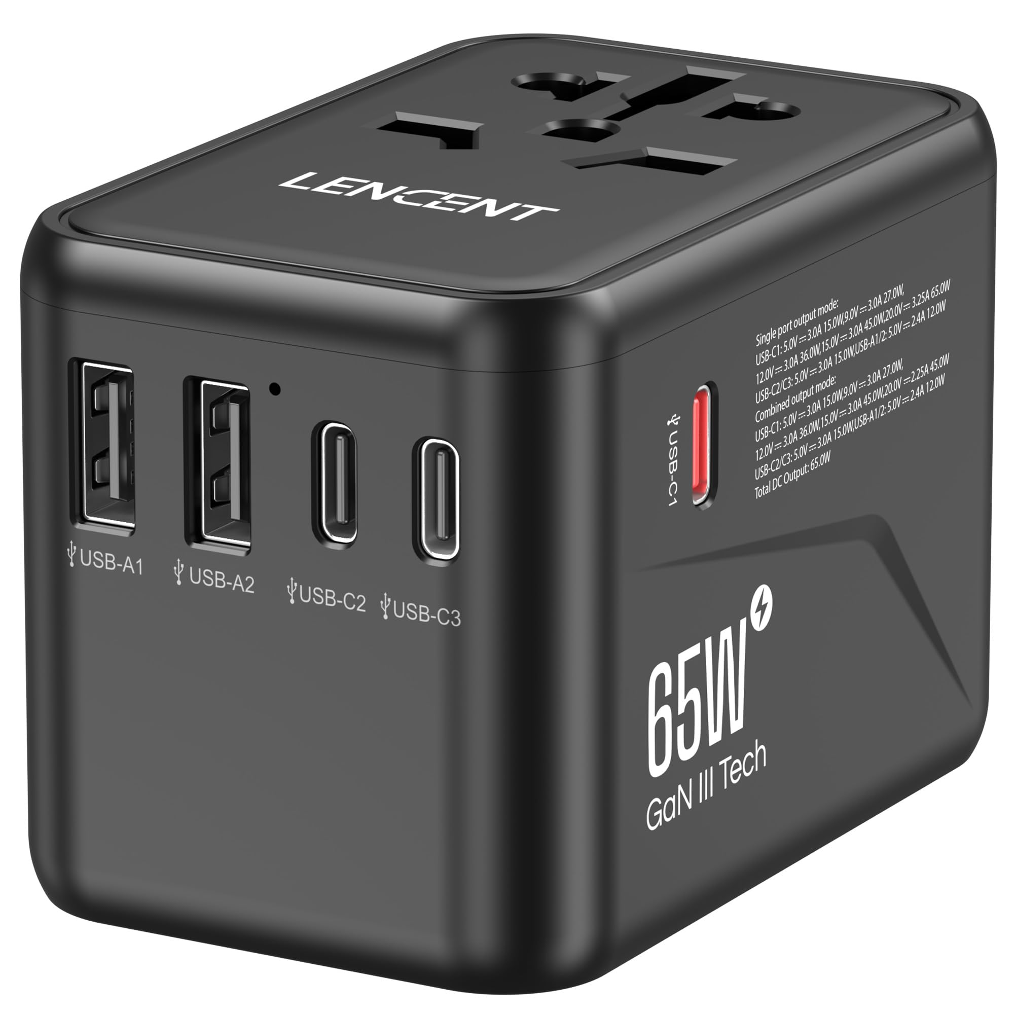 Lencent Universal Travel Adapter, Gan Iii 65W International Charger With 2 Usb Ports & 3 Usb C Pd Fast Charging, All In One Outl