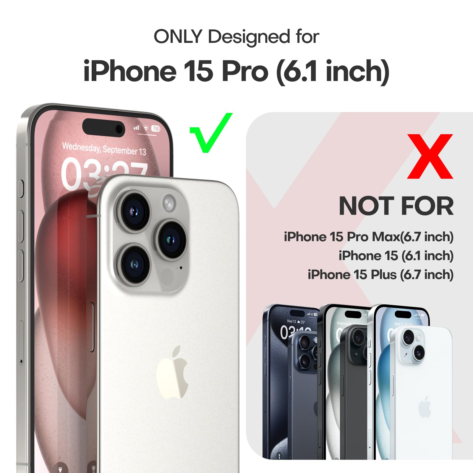 Tauri 3 In 1 For Iphone 15 Pro Case Pink, [Not Yellowing] With 2X Screen Protector [Military Grade Drop Protection] Slim Shockpr