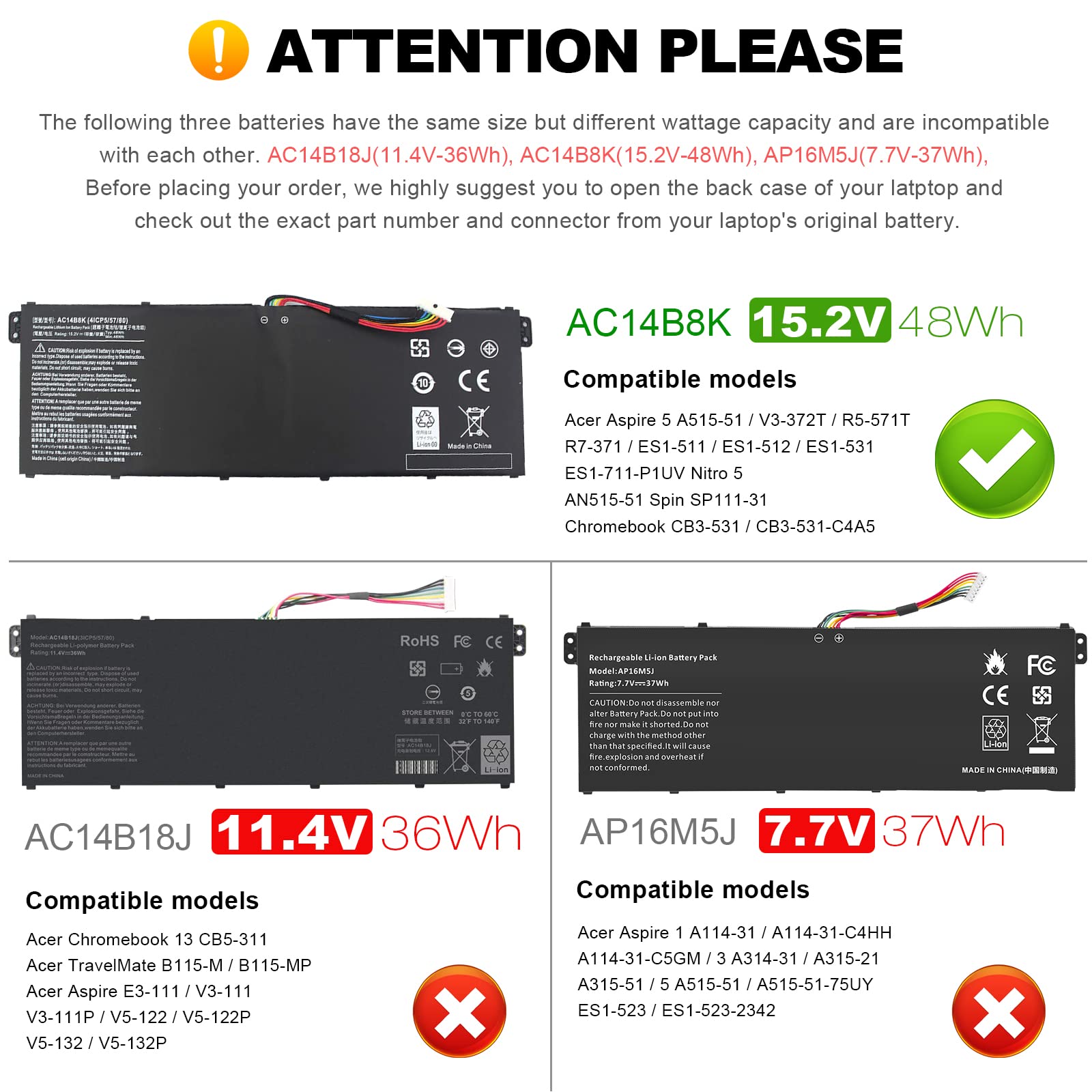 Ac14B8K Laptop Battery For Acer Aspire R3 131T R5 471T R5 571T R5 571Tg E3 111 E3 112 Es1 511 Es1 512 Es1 531 Es1 520 Es1 111M R