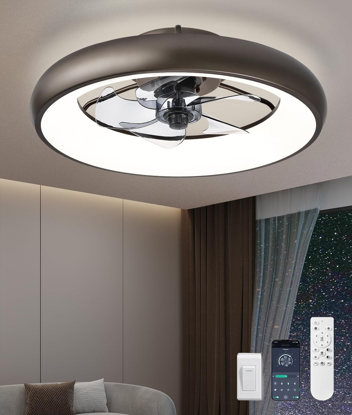 Ultra Low Profile Ceiling Fans With Lights And Remote Ultra Quiet 25 Db, 21'' Modern Flush Mount Led Ceiling Fan Fandelier Ceili