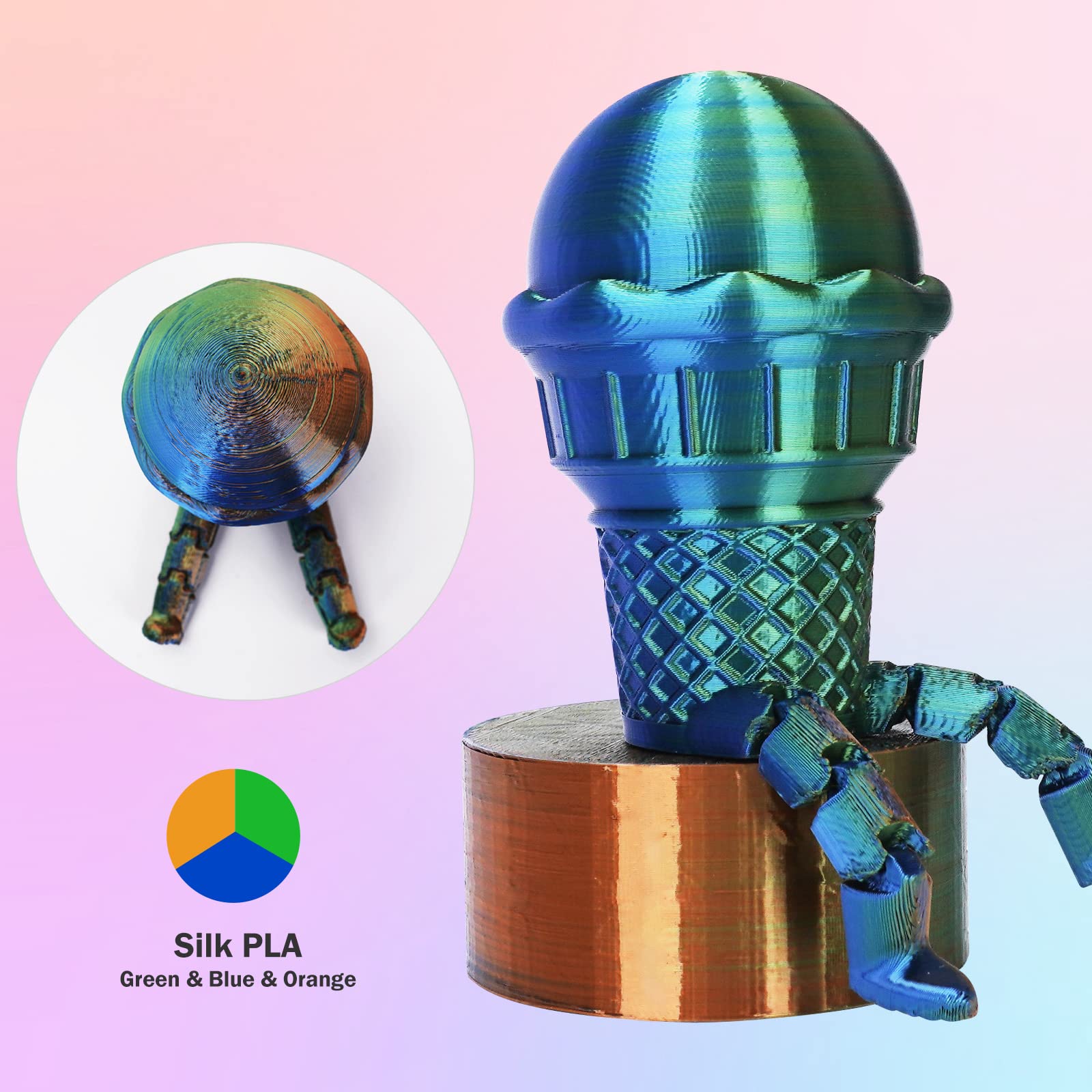 Eryone Silk Tri Color Coextrusion Pla Filament,3D Printer 1.75Mm,+/ 0.03Mm, Triple Color Filament 1Kg(2.2Lbs), Silk Orange,Blue