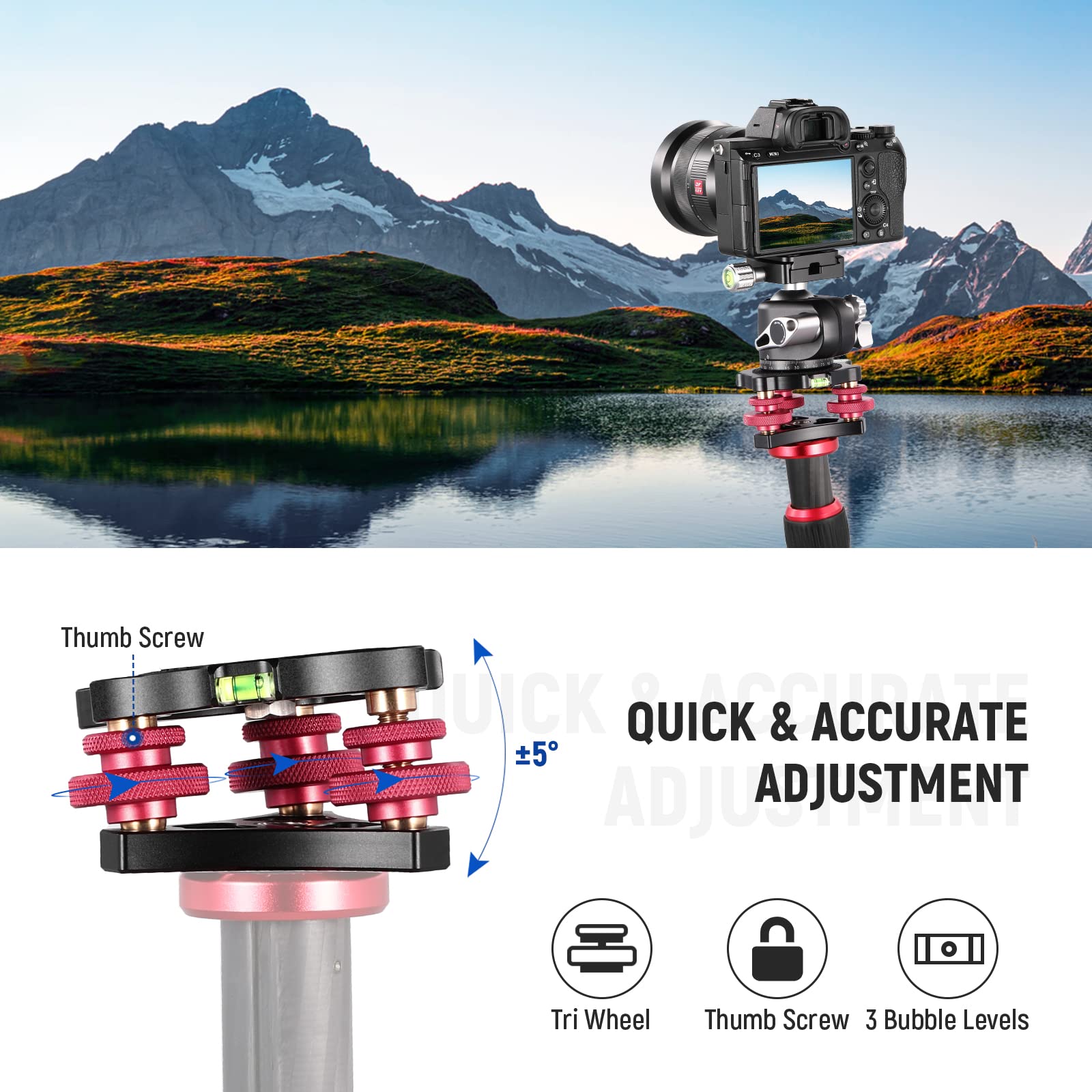 Neewer Tripod Head Leveling Base Camera Leveler, Aircraft Grade Aluminum Alloy 3 Axis Tri Wheel Head, 3/8    Thread,  5 Precise