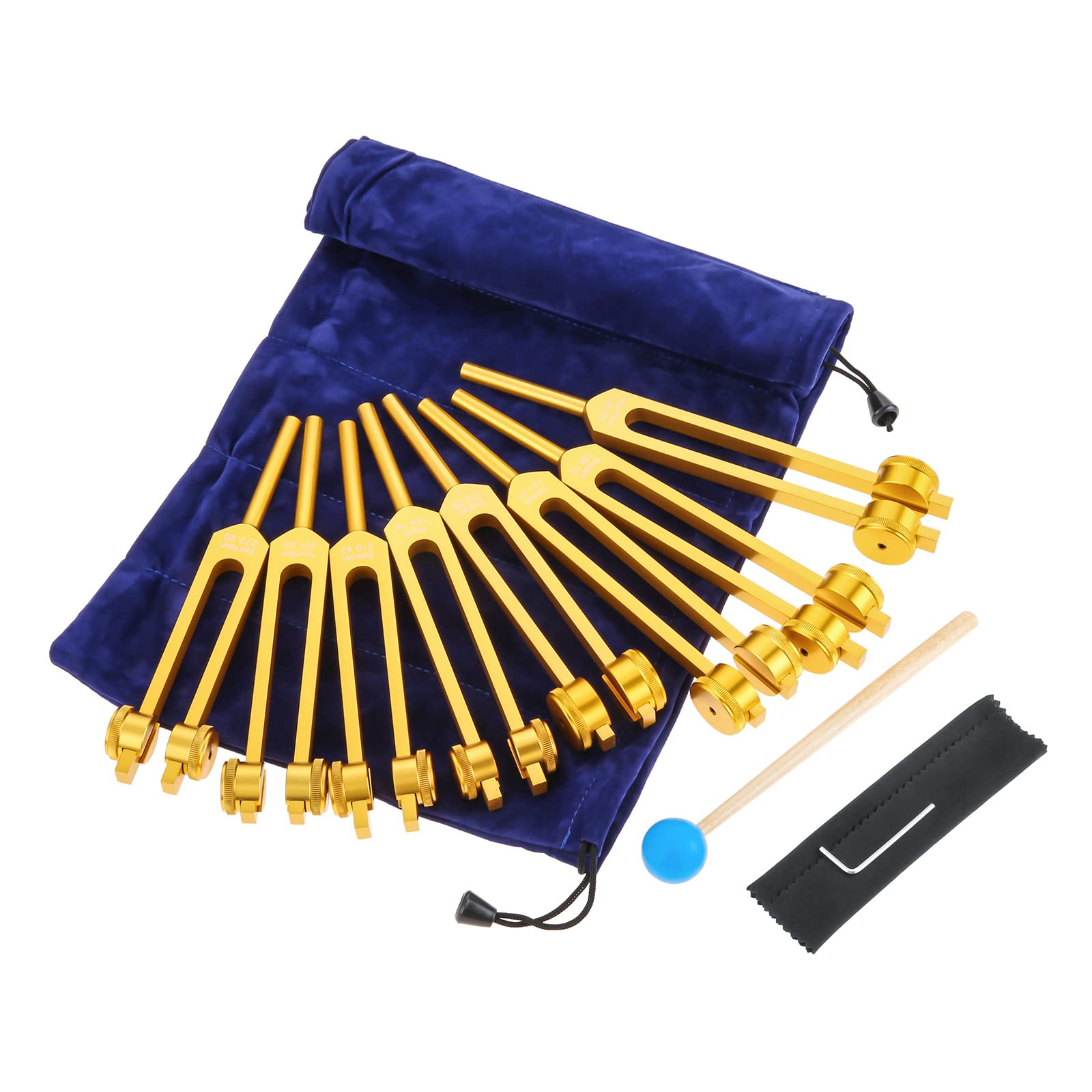 Chakra Tuning Forks Set, 7 Chakra+1 Soul Purpose Weighted Tuning Forks With Hammer, Bag, Cleaning Cloth (126.22 Hz, 136.1 Hz, 14