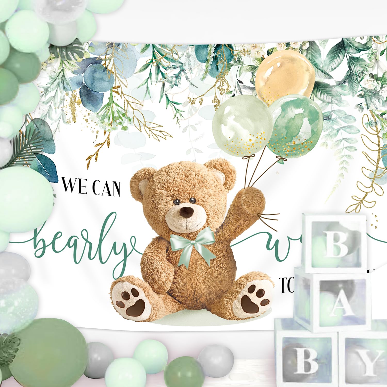 Imirell Bear Baby Shower Backdrop 7Wx5H Feet We Can Bearly Wait Spring Green Leaves Watercolor Eucalyptus Polyester Fabric Carto
