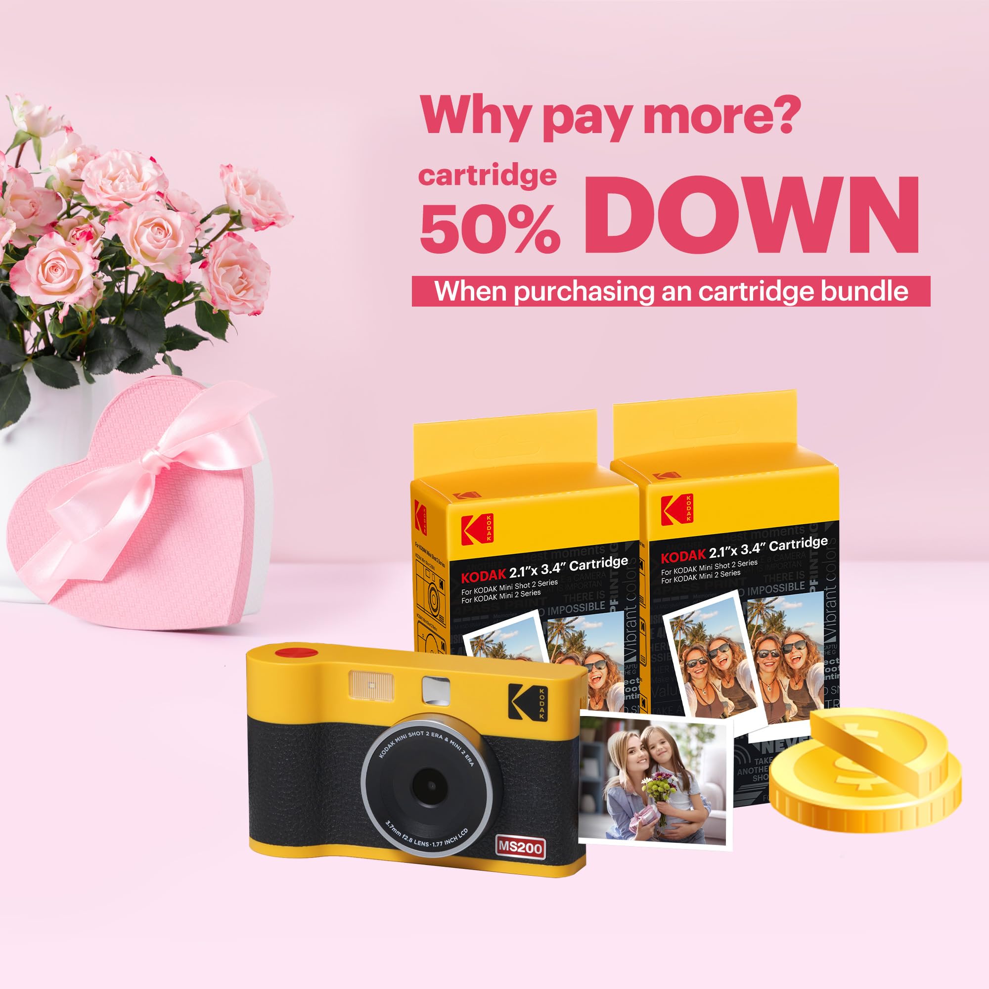 Kodak Mini Shot 2 Era 4Pass 2 In 1 Instant Camera And Photo Printer (Yellow, Camera + Initial 8 Sheets + 60 Sheets)