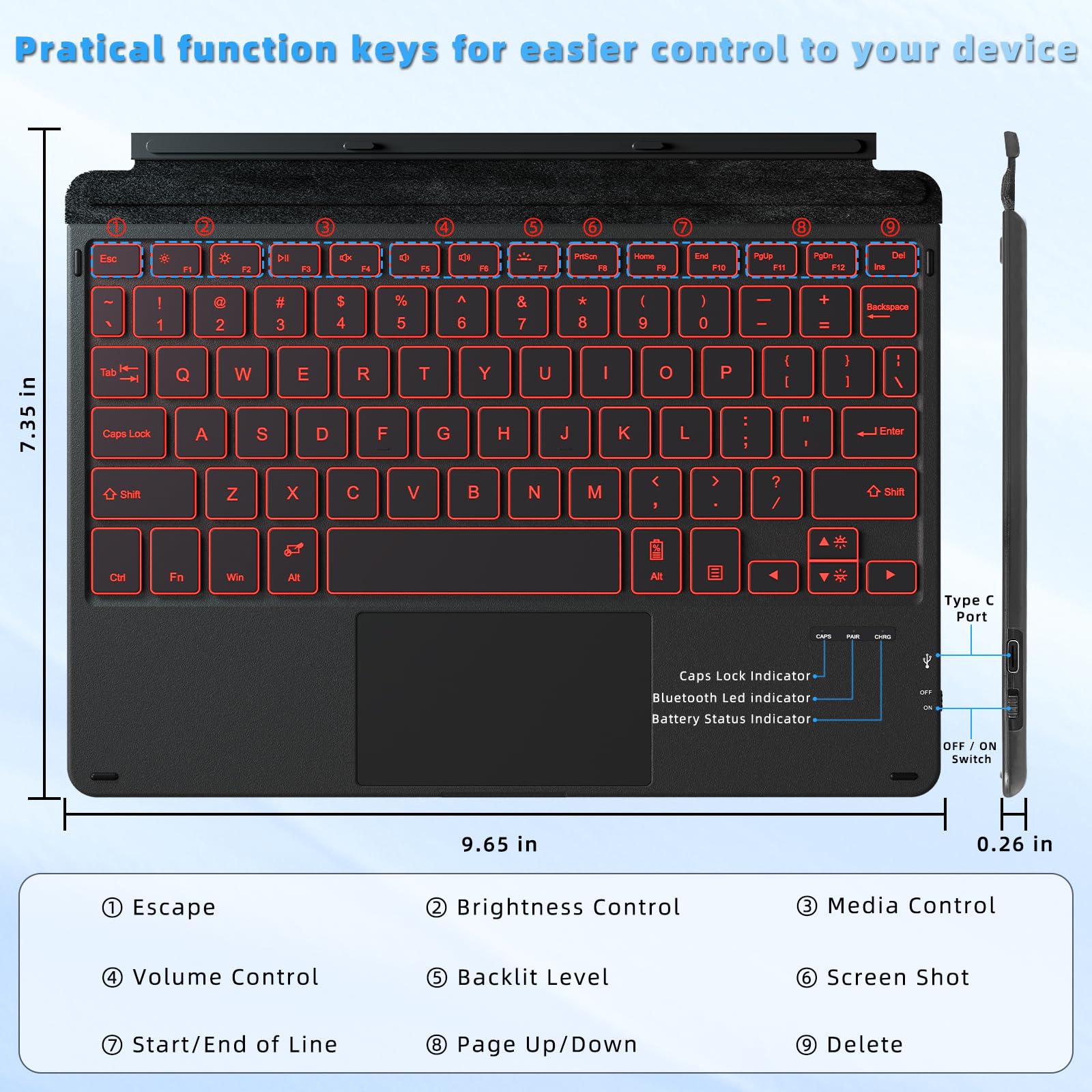 Qulose Keyboard Case For Surface Go (3/2/1)   Black, 7 Color Backlight, Magnetic Detachable, Rechargeable Bluetooth Keyboard Wit
