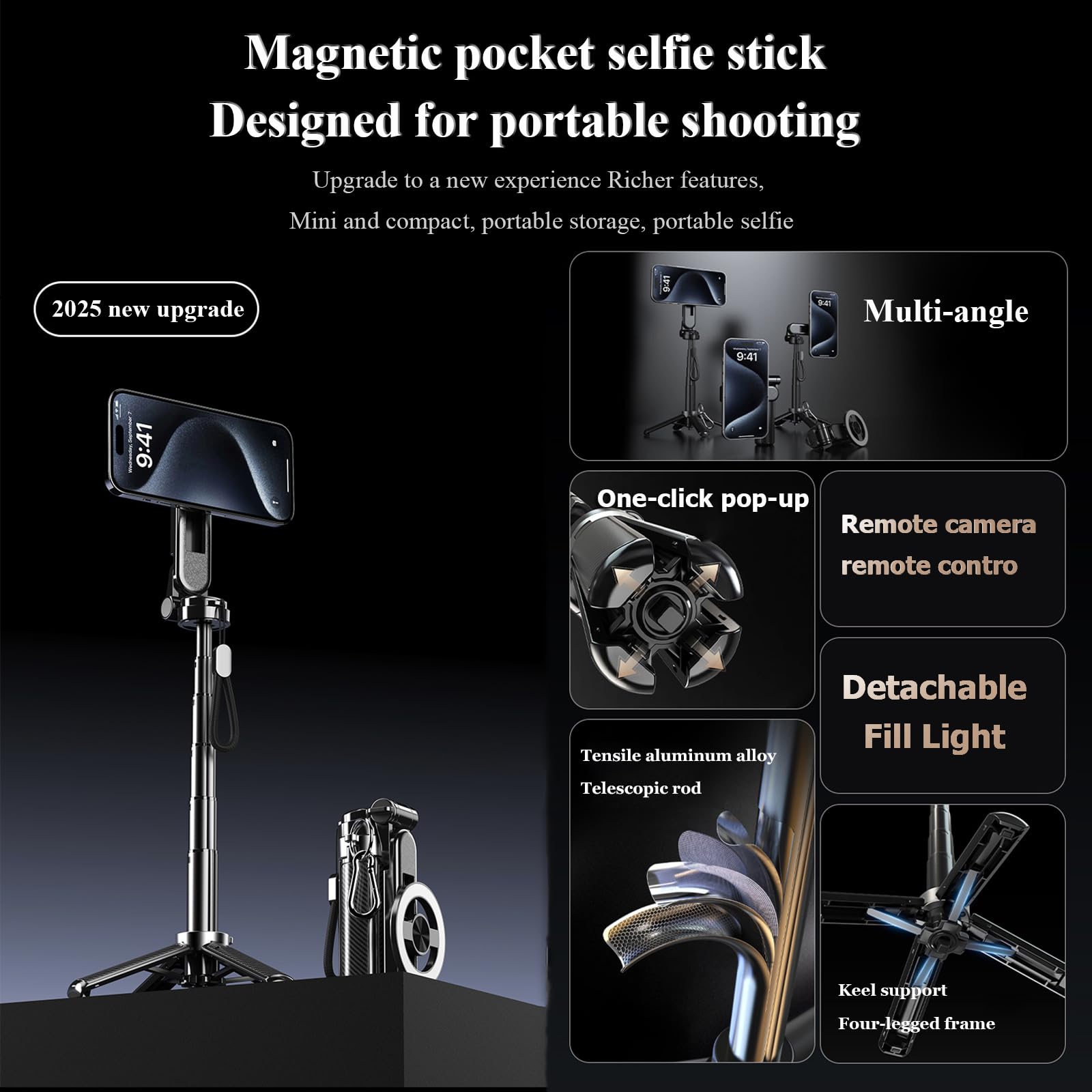 Cbdywvr Magsafes Tripod Stand For Iphone,4 In 1 Multifunctional Magnetic Selfie Stick,360 Rotation Phone Tripod With Wireless Re