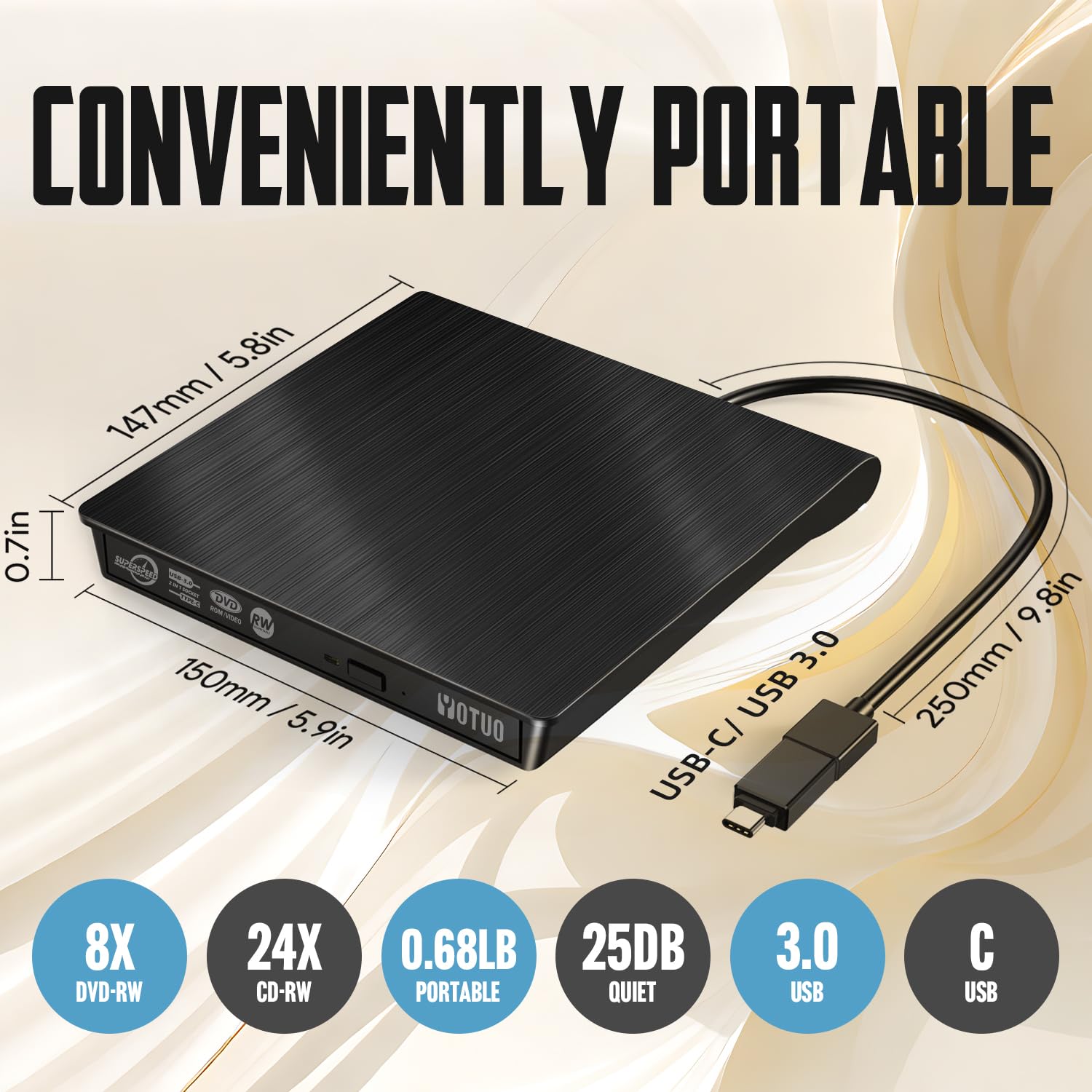 Yotuo External Dvd Drive, Portable Usb 3.0 Cd +/ Rw Drive Dvd Player For Rom Rewriter Burner For Laptop Desktop, Compatible With