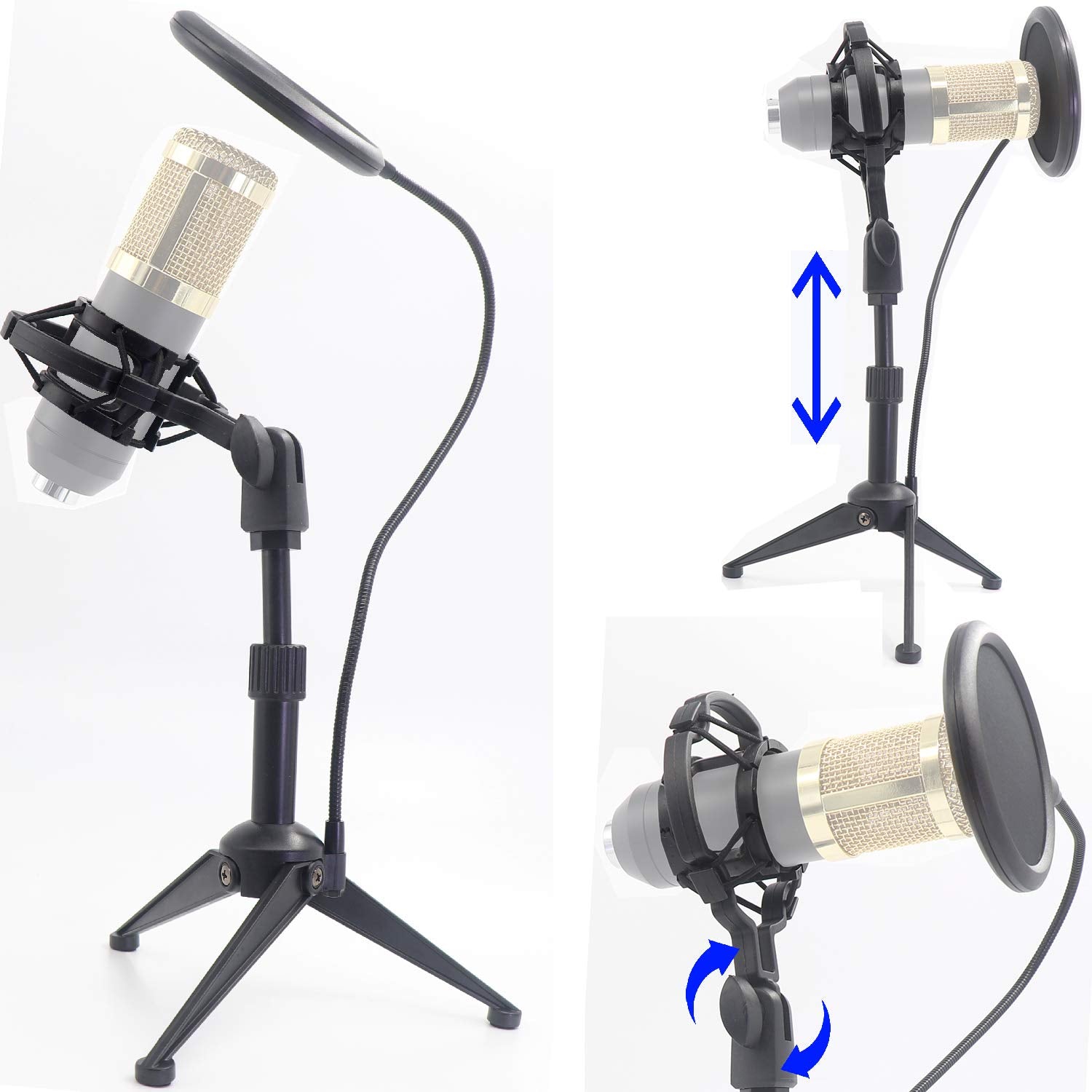 Desktop Microphone Tripod Suspension Stand With Shock Mount Anti Vibration Mic Holder And 4'' Round Mask Shield Double Net Wind