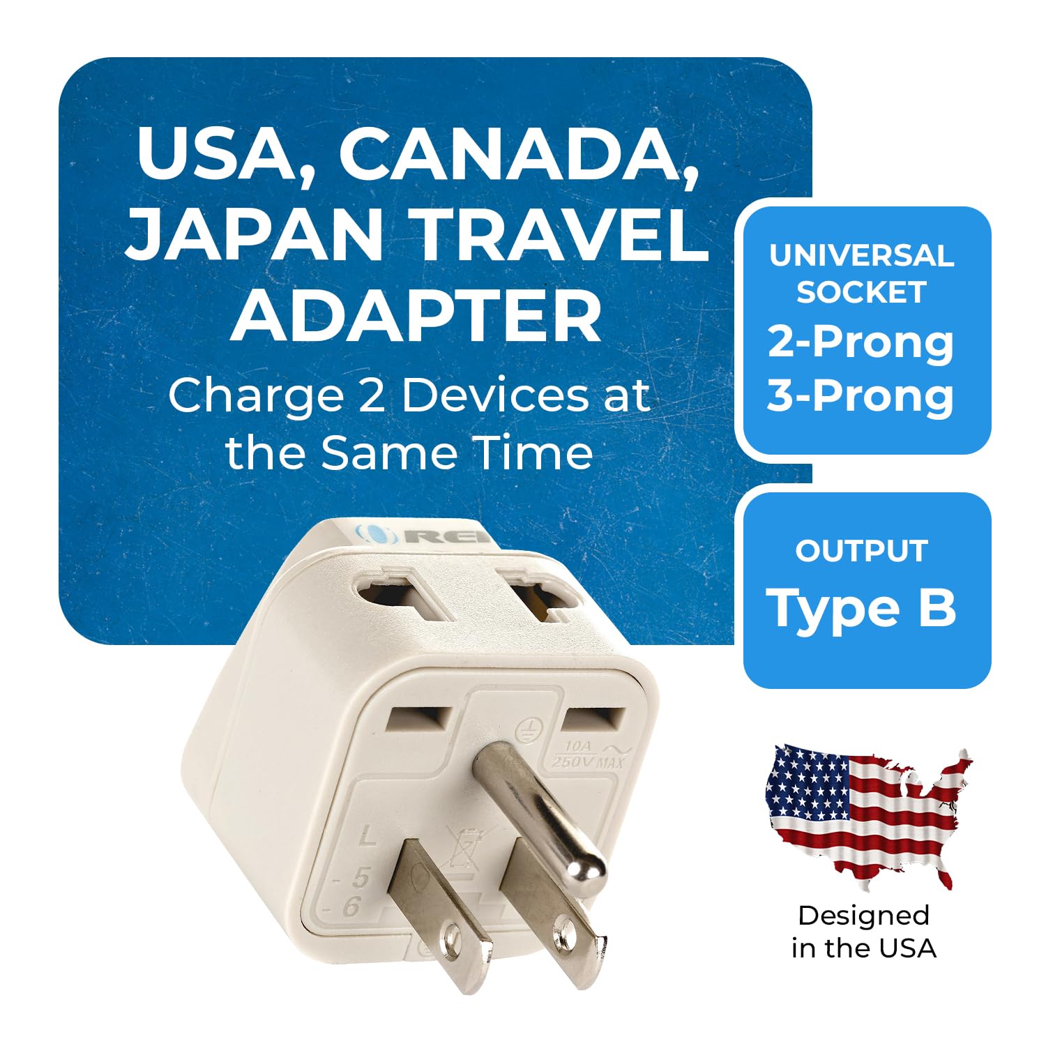 Orei Usa, Japan, Philippines & More (Type B) Travel Adapter Plug - 2 In 1 - Ce Certified - Rohs Compliant - 2 Pack - White Color