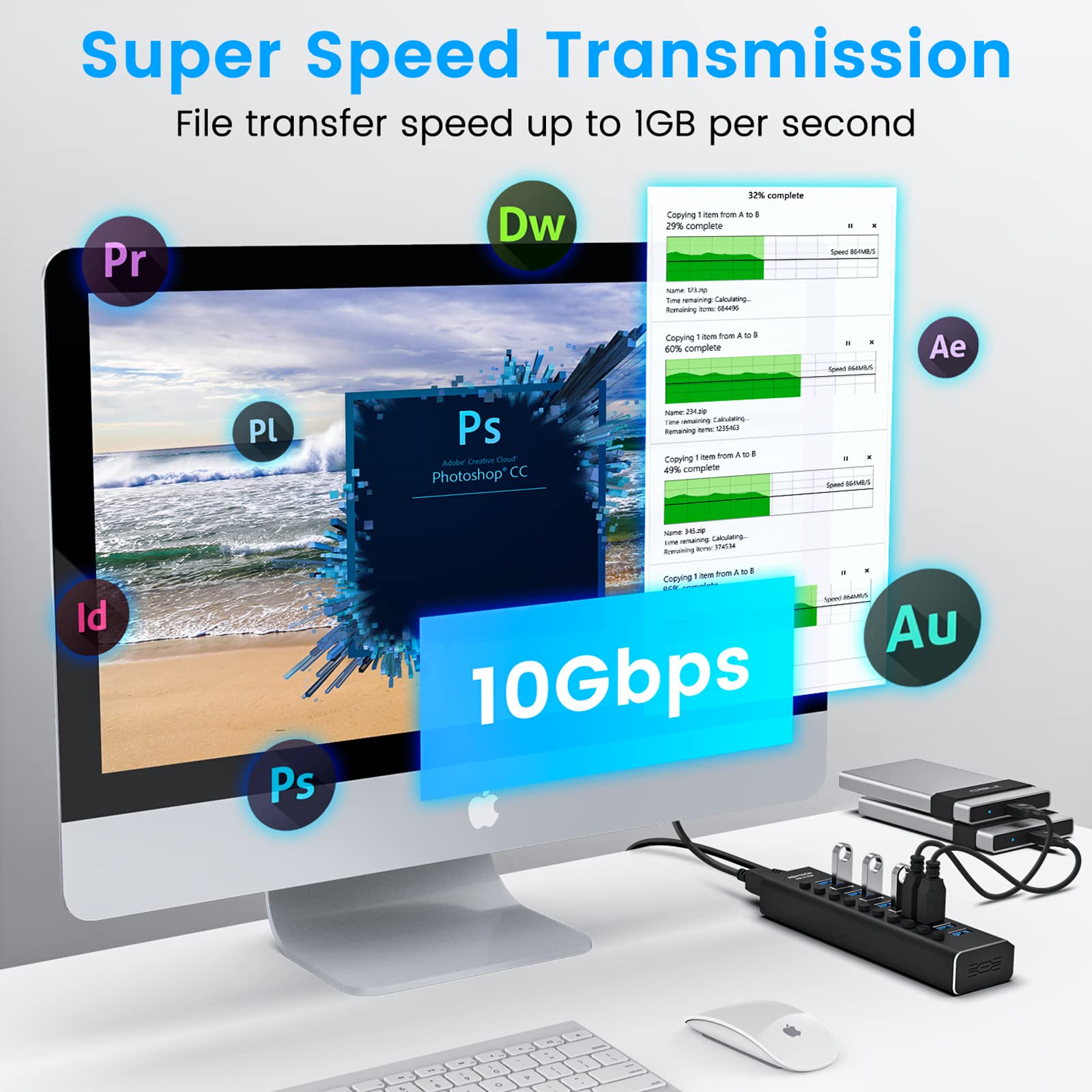 Powered Usb Hub, Rosonway 10 Port Usb 3.1/3.2 Gen 2 Hub 10Gbps With 36W (12V/3A) Power Adapter, Type A And Type C Cables, Alumin