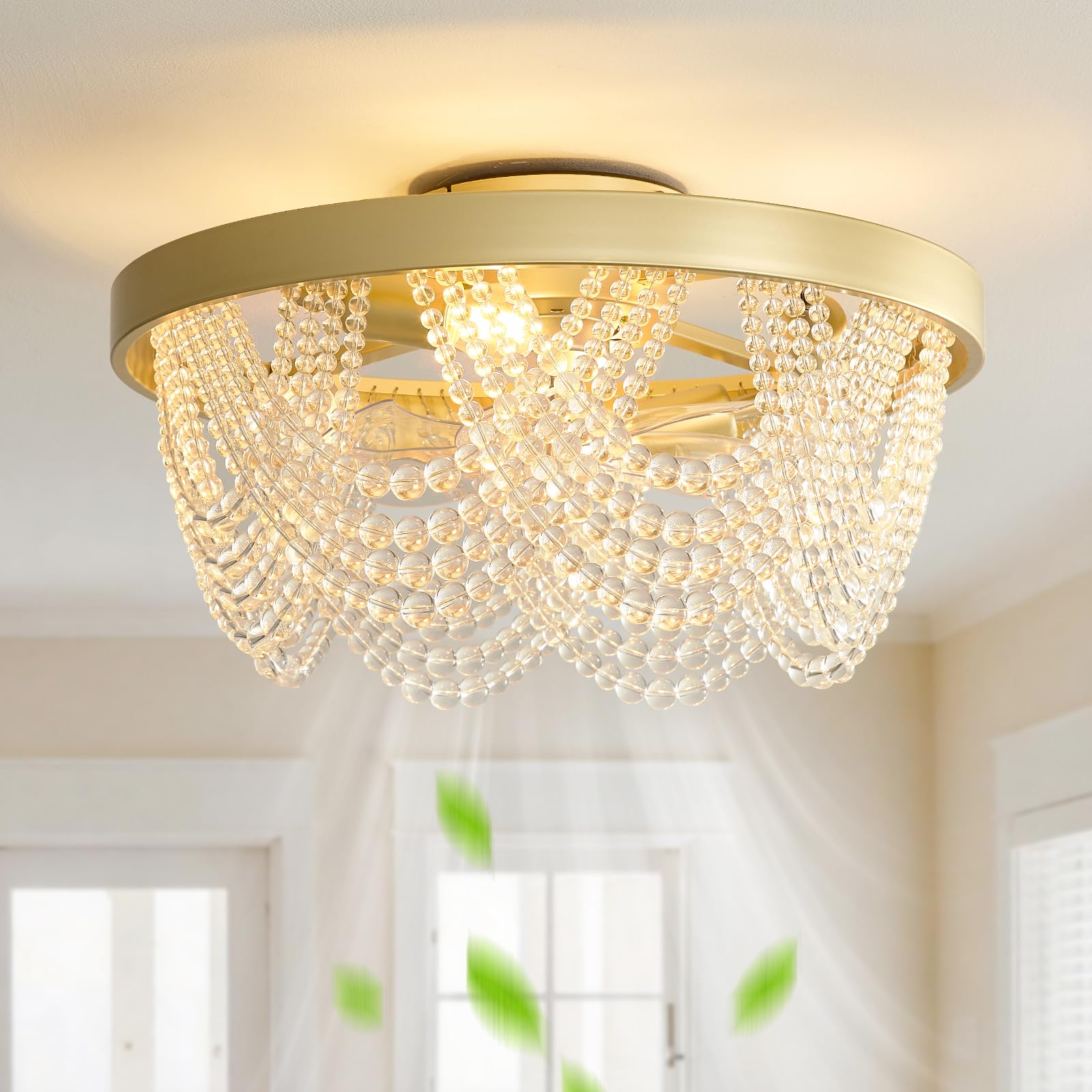 luansky Crystal Caged Ceiling Fans with Lights Flush Mount, 20 inch Crystal Fandelier Ceiling Fan with Light and Remote, Chandel